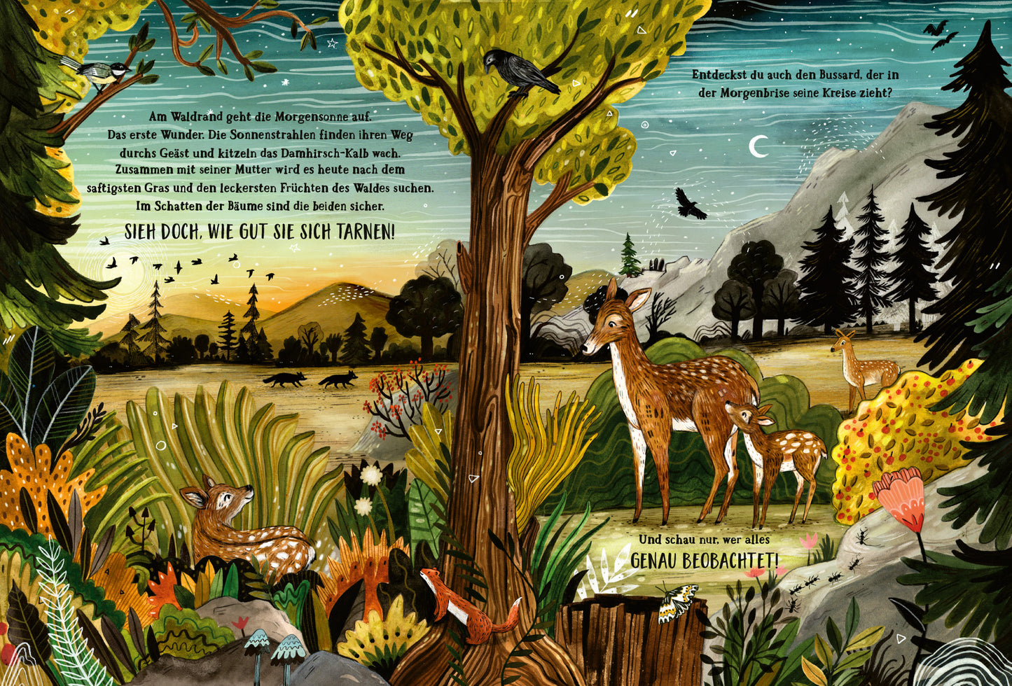 Gezeigt wird eine Innen- oder Zusatzansicht von „Wald der Wunder“. Die illustrierte Szene zeigt einen farbenfrohen Wald mit üppigem Grün, hellen Gelbtönen und tiefen Blautönen des Himmels in der Dämmerung. Zentrale Elemente sind ein großer Baum, zwei frisch geborene Rehkitze und verschiedene Vögel, die durch die Luft fliegen. Die verspielte Typografie hebt die Botschaften „SIEH DOCH. WIE GUT SIE SICH TARNT!“ und „Und schau genau hin, alles GENAU BEOBACHTET!“ hervor.