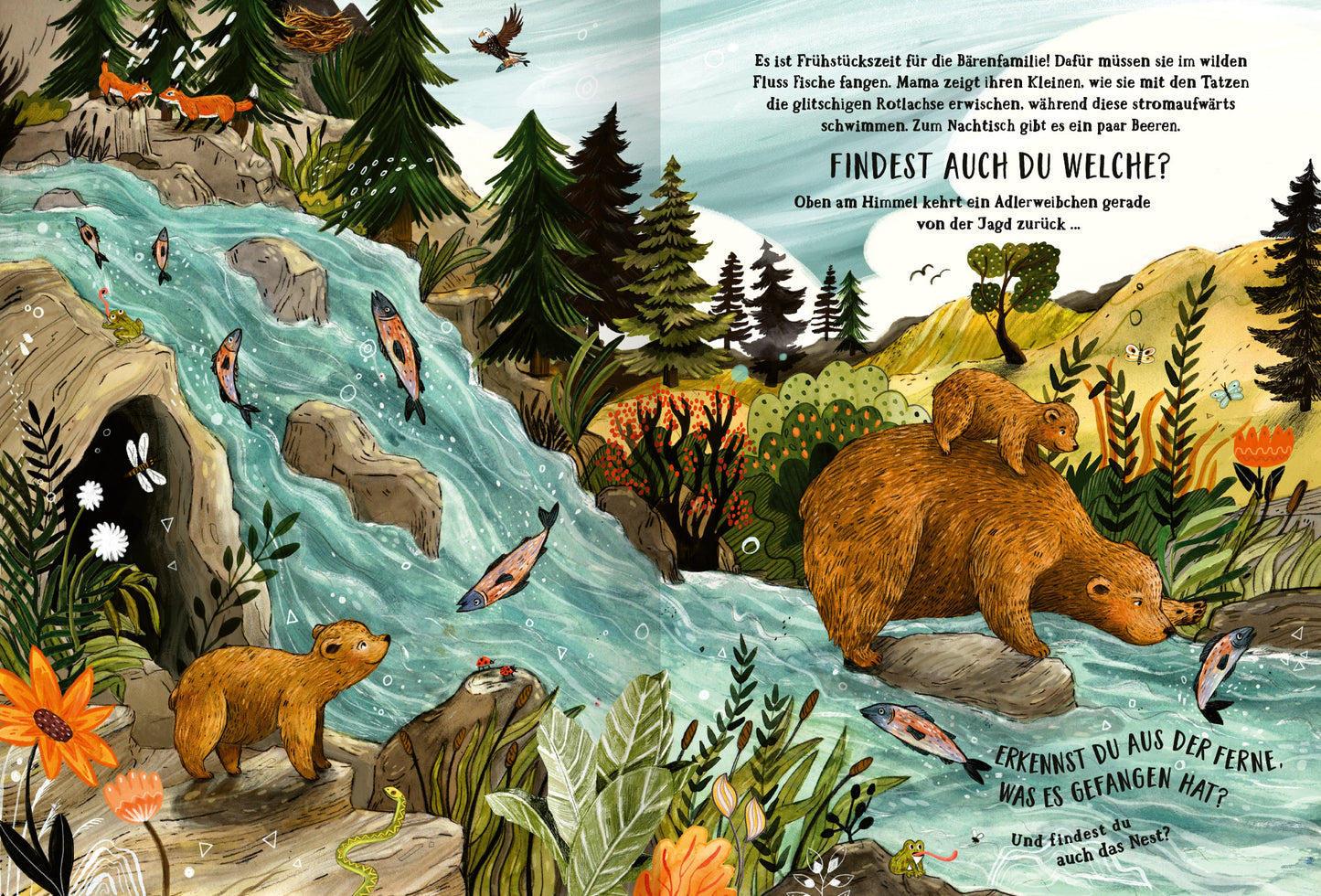 Gezeigt wird eine Innen- oder Zusatzansicht von „Wald der Wunder“. Die Illustration zeigt einen lebhaften Fluss mit sprudelndem Wasser, umgeben von üppigem Grün und bunten Blumen. Zwei Bären sind am Ufer zu sehen, während Fische im Wasser schwimmen. Der obere Teil der Seite ist von hohen, stylisierten Tannenbäumen geprägt. In der oberen Ecke steht der Text in einer kindgerechten, verspielten Schrift, die in sanften Farben gestaltet ist.