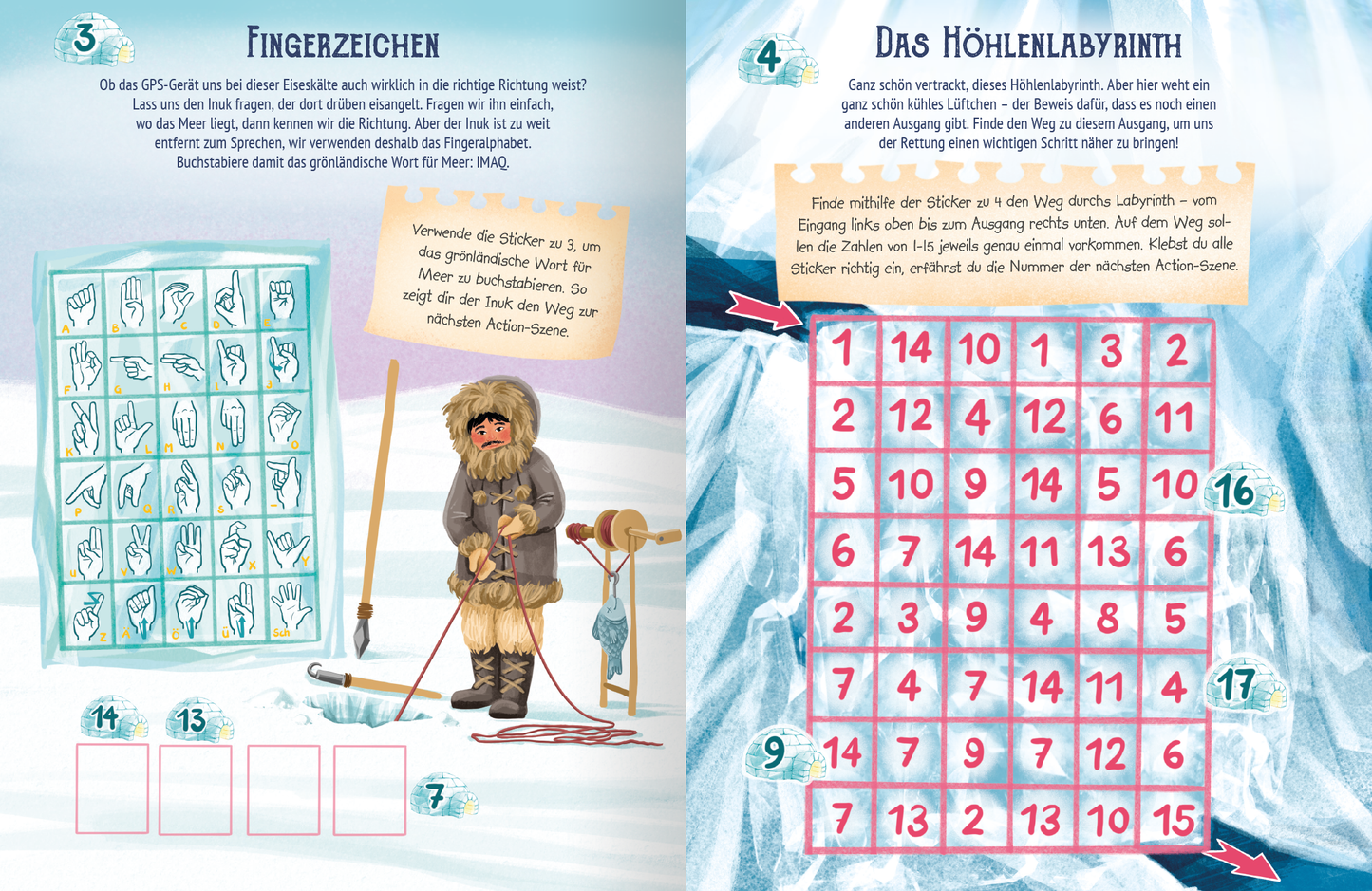 Gezeigt wird eine Innen- oder Zusatzansicht von „Escape-Stickerbuch – Gefangen in der Eishöhle“. Die linke Seite zeigt ein Feld mit verschiedenen Fingerzeichen in hellen Farben auf blauem Hintergrund, begleitet von einer Illustration eines Inuit mit heller Daunenjacke. Die rechte Seite enthält ein Labyrinth mit roten Zahlen auf weißem Grund und einem erläuternden Text in kräftiger Schrift. Der Gesamteindruck ist klar strukturiert und kindgerecht gestaltet.