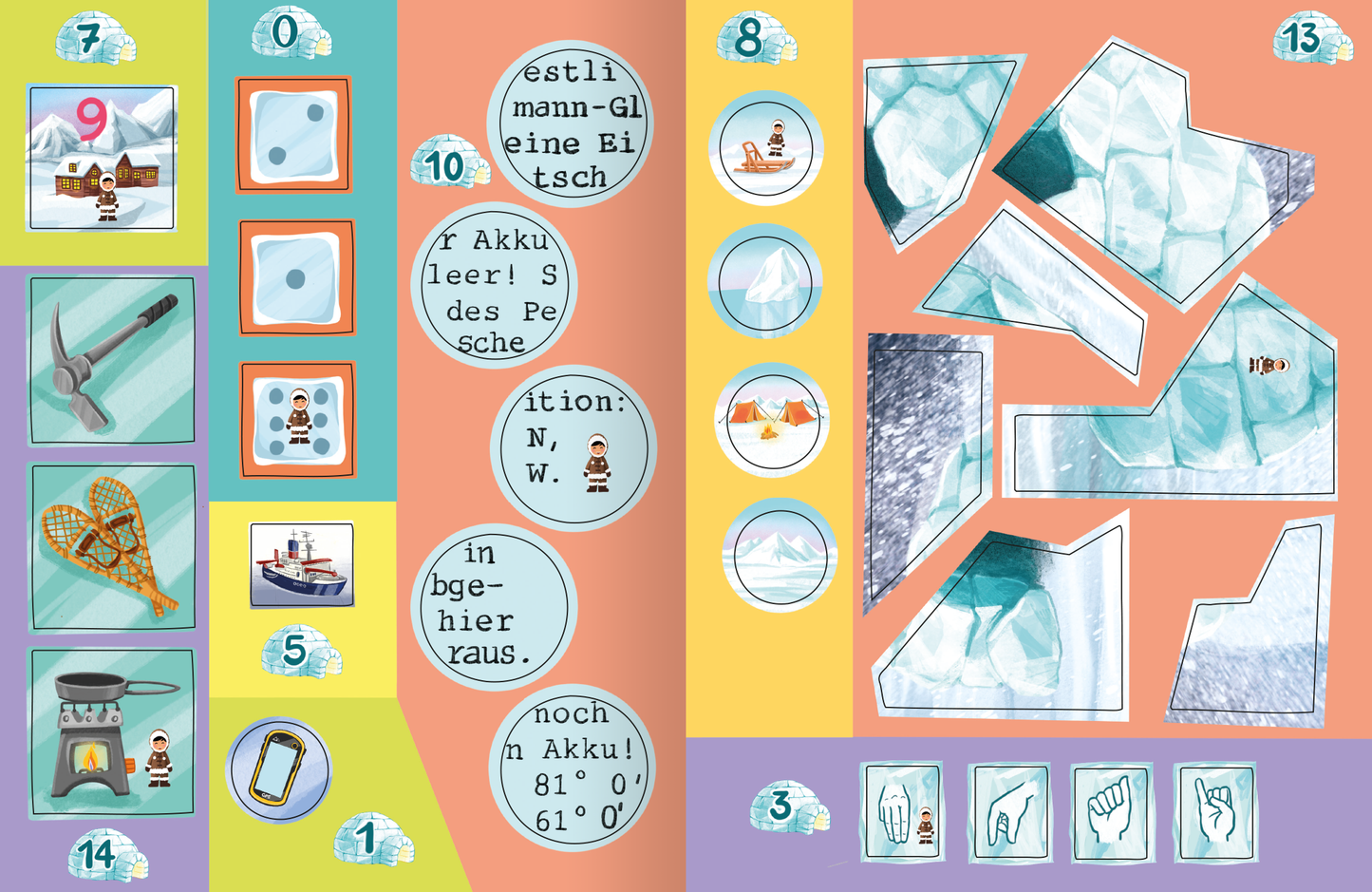 Gezeigt wird eine Innen- oder Zusatzansicht von „Escape-Stickerbuch – Gefangen in der Eishöhle“. Die Illustration ist farbenfroh gestaltet, mit sanften Blau- und Grüntönen, die eine Eishöhlenatmosphäre erzeugen. Zahlreiche runde und quadratische Elemente enthalten informative Texte und Illustrationen, darunter Eisformationen und Ausrüstungsgegenstände wie ein Kompass und eine Taschenlampe. Die Typografie ist klar und gut lesbar, unterstützt durch kontrastreiche Hintergründe, was...