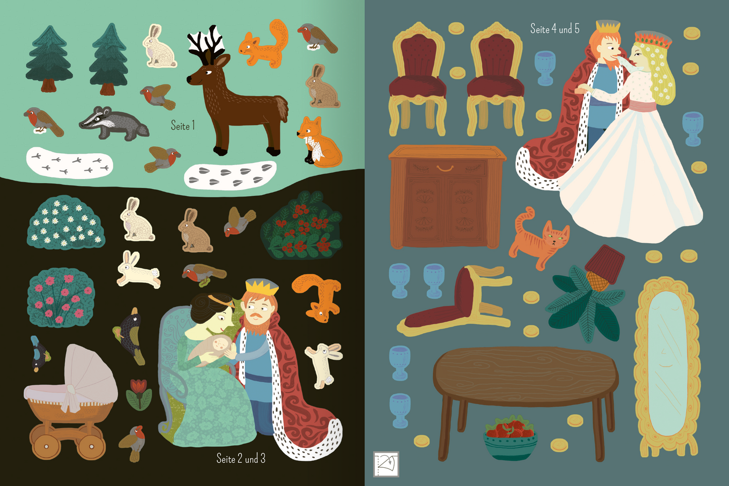 Gezeigt wird eine Innen- oder Zusatzansicht von „Mein Lieblingsmärchen-Stickerbuch – Schneewittchen“. Die Illustration zeigt eine Vielzahl von bunten Stickern, einschließlich Tierfiguren wie Rehe, Füchse und Kaninchen, sowie Märchenelemente wie einen König mit einer Prinzessin. Die Farbtöne sind lebhaft und variieren von sanften Erdtönen bis zu leuchtenden Farben. Die Typografie ist kindgerecht und klar, mit ansprechenden Überschriften, die die Seitennummern kennzeichnen.