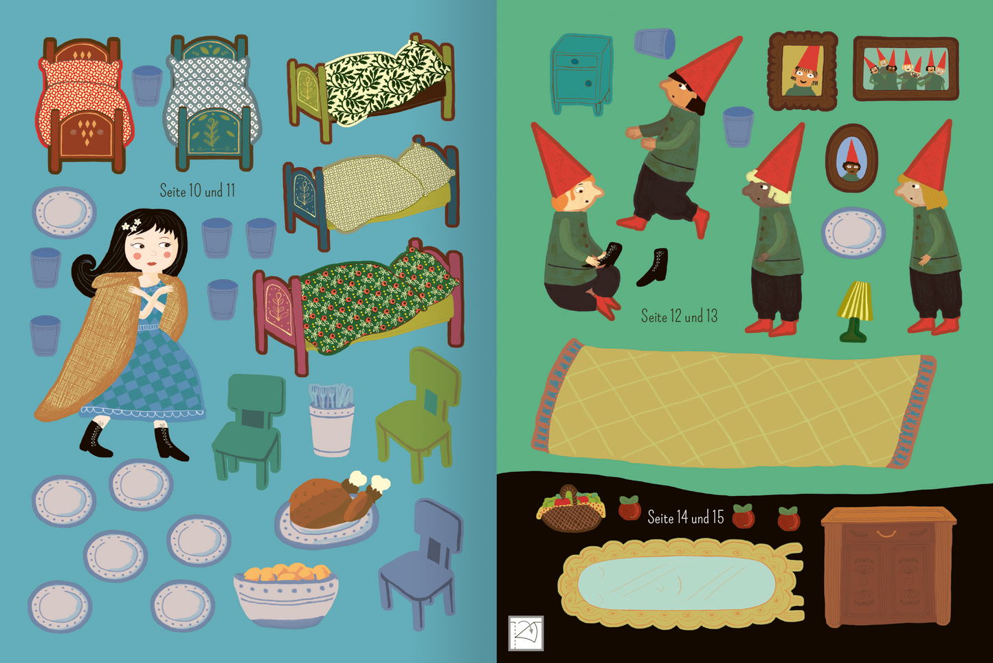 Gezeigt wird eine Innen- oder Zusatzansicht von „Mein Lieblingsmärchen-Stickerbuch – Schneewittchen“. Auf der linken Seite sind verschiedene Möbelstücke und Geschirrteile abgebildet, darunter ein Bett mit gestreiften Überwurf, ein Tisch mit Tellern und eine Schüssel mit Früchten. Rechts sind die sieben Zwerge in actionierten Posen dargestellt, umgeben von weiteren Möbelstücken und Dekorationen. Die Farbpalette ist lebhaft, mit dominierenden Blau-, Grün- und Rottönen. Die...