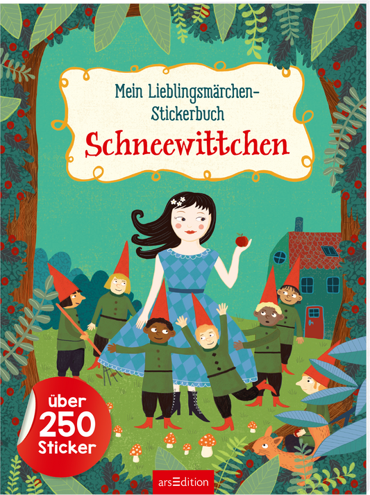 Das Buchcover zeigt Schneewittchen in einem bunten Märchenwald, umgeben von sieben fröhlichen Zwergen. Schneewittchen trägt ein blaues Kleid mit weißen Ärmeln und hält einen roten Apfel in der Hand. Der Hintergrund ist in sanften Grüntönen mit Bäumen und bunten Blumen gestaltet. Der Titel „Mein Lieblingsmärchen-Stickerbuch Schneewittchen“ ist in verschnörkelter Schrift platziert. Der Aufkleber „über 250 Sticker“ ist auffällig hervorgehoben. Ganz unten mittig steht der...