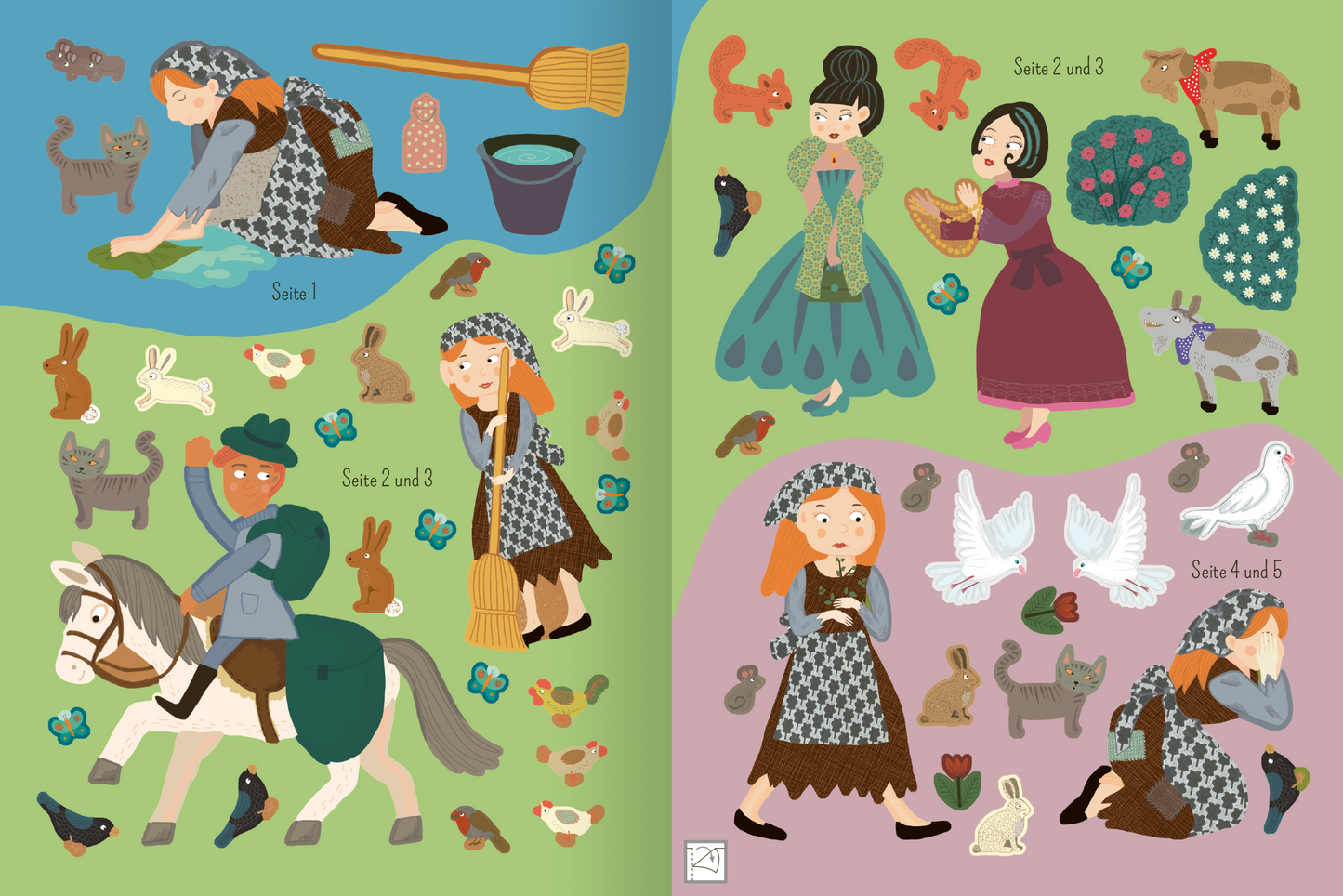 Gezeigt wird eine Innen- oder Zusatzansicht von „Mein Lieblingsmärchen-Stickerbuch – Aschenputtel“. Die Seiten zeigen farbenfrohe Illustrationen mit Aschenputtel in verschiedenen Szenen, darunter die Interaktion mit Tieren und anderen Figuren. Die dominant verwendeten Farben sind sanfte Grüntöne, Rosa und Blau. Die Typografie ist kindgerecht und klar lesbar, mit hervorgehobenen Seitennummern. Die Stickermotive umfassen Tiere und Märchenelemente, die die Handlung des Märchens...