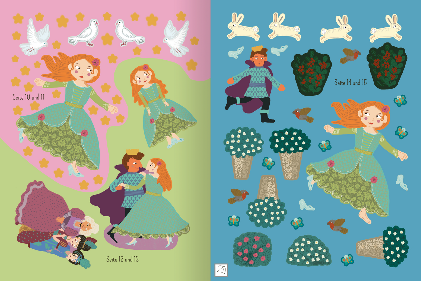 Gezeigt wird eine Innen- oder Zusatzansicht von „Mein Lieblingsmärchen-Stickerbuch – Aschenputtel“. Auf der linken Seite befinden sich bunte Illustrationen von Aschenputtel und ihren Freunden in lebendigen Farben wie Pink und Grün. Die Charaktere tragen detailreiche, farbenfrohe Kleider. Auf der rechten Seite sind Sticker mit verschiedenen Motiven wie Hasen, Blumen und Töpfen in kräftigem Blau und Grün dargestellt. Die Typografie ist kindgerecht und gut lesbar, mit Seitenangaben in...