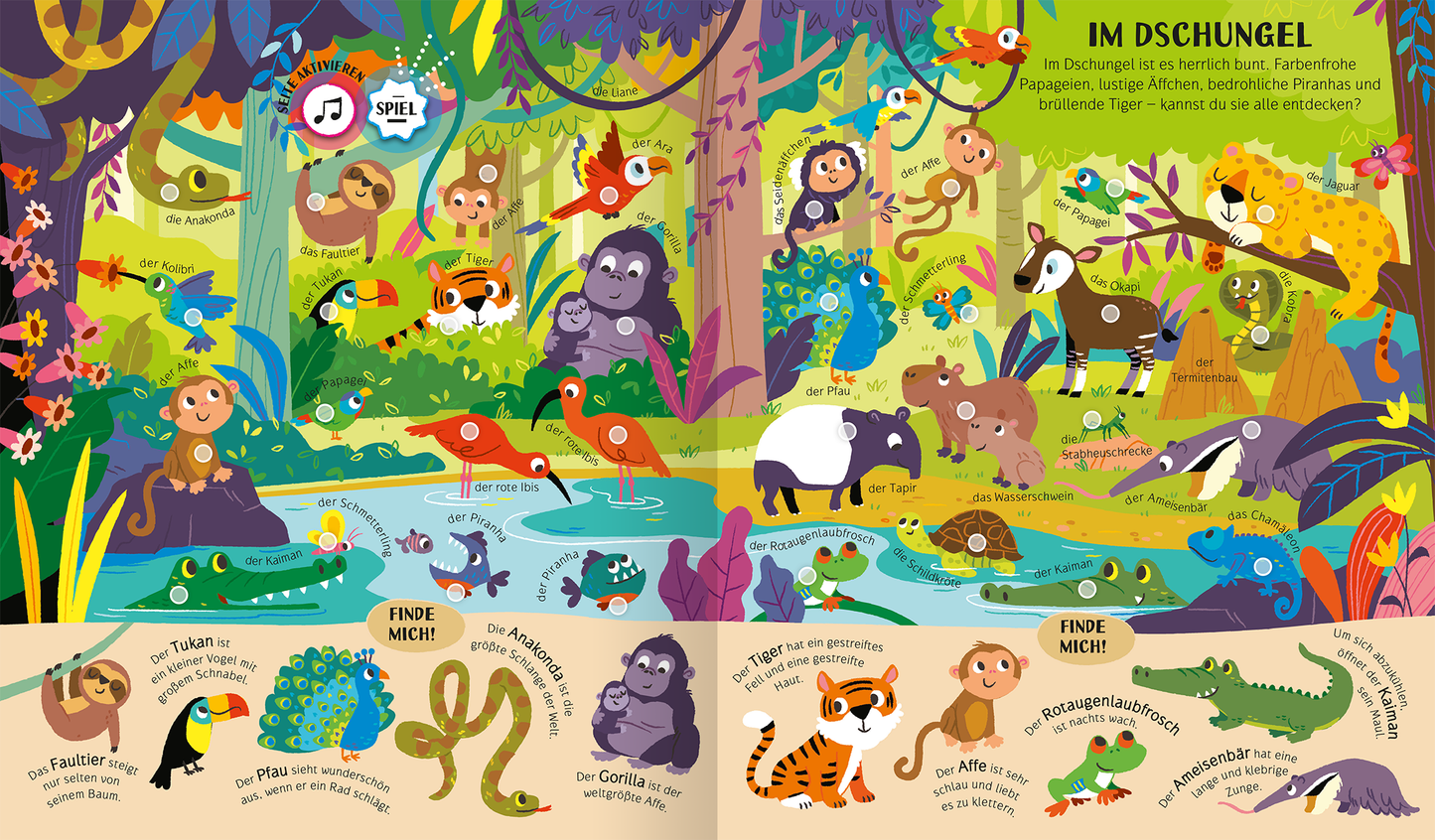 Gezeigt wird eine Innen- oder Zusatzansicht von „Mein riesengroßes Soundbuch Tiere“. Die Seite präsentiert eine lebendige Dschungellandschaft mit bunten Tieren wie Affen, Kakadus und einem Gorillakind. Kräftige Farben wie Grün, Blau und Rot dominieren die Illustration. Unter dem Hauptbild befinden sich interaktive Bereiche mit den Hinweisen „Finde mich!“, die in großer, lesbarer Schrift gestaltet sind. Eine spielerische und einladende Typografie ergänzt die fröhliche Gestaltung...