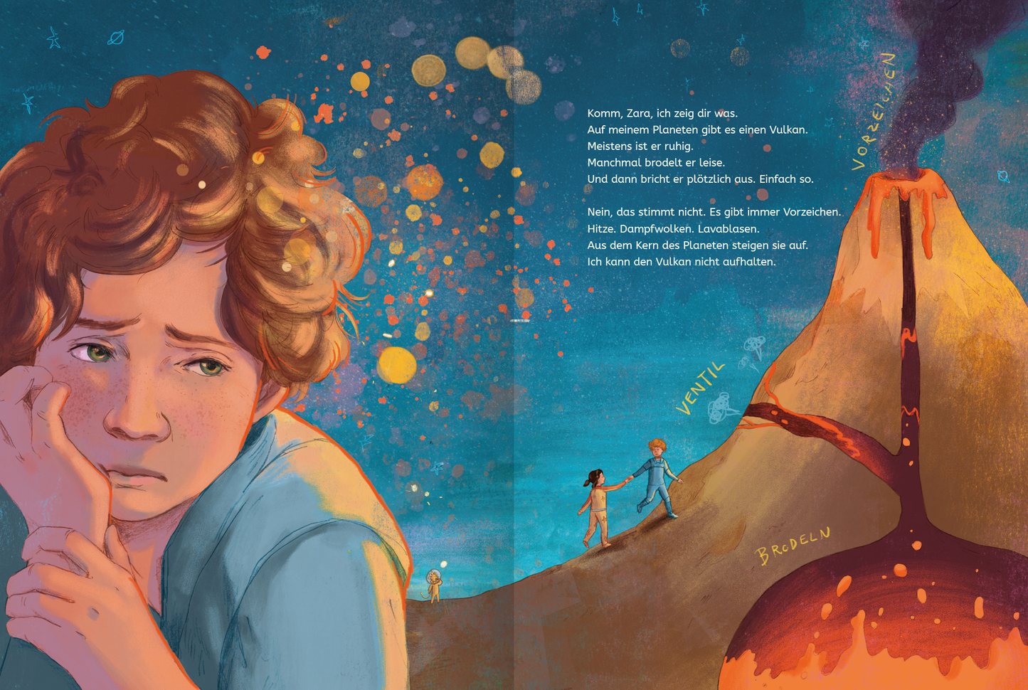 Gezeigt wird eine Innen- oder Zusatzansicht von „Astronautenkinder“. Die illustration zeigt einen nachdenklichen Jungen mit lockigem, braunem Haar, der auf einen Vulkan blickt. Der Vulkan ist rot-orange gefärbt und spuckt Rauch und glühende Lava. Im Hintergrund sind zwei Silhouetten zu sehen, die dem Jungen ähnlicheren. Der Himmel ist tiefblau mit orangefarbenen Spritzern, die lebendig wirken. Die Schrift im Text ist klar und gut lesbar, unterteilt in Absätze für eine einfache...