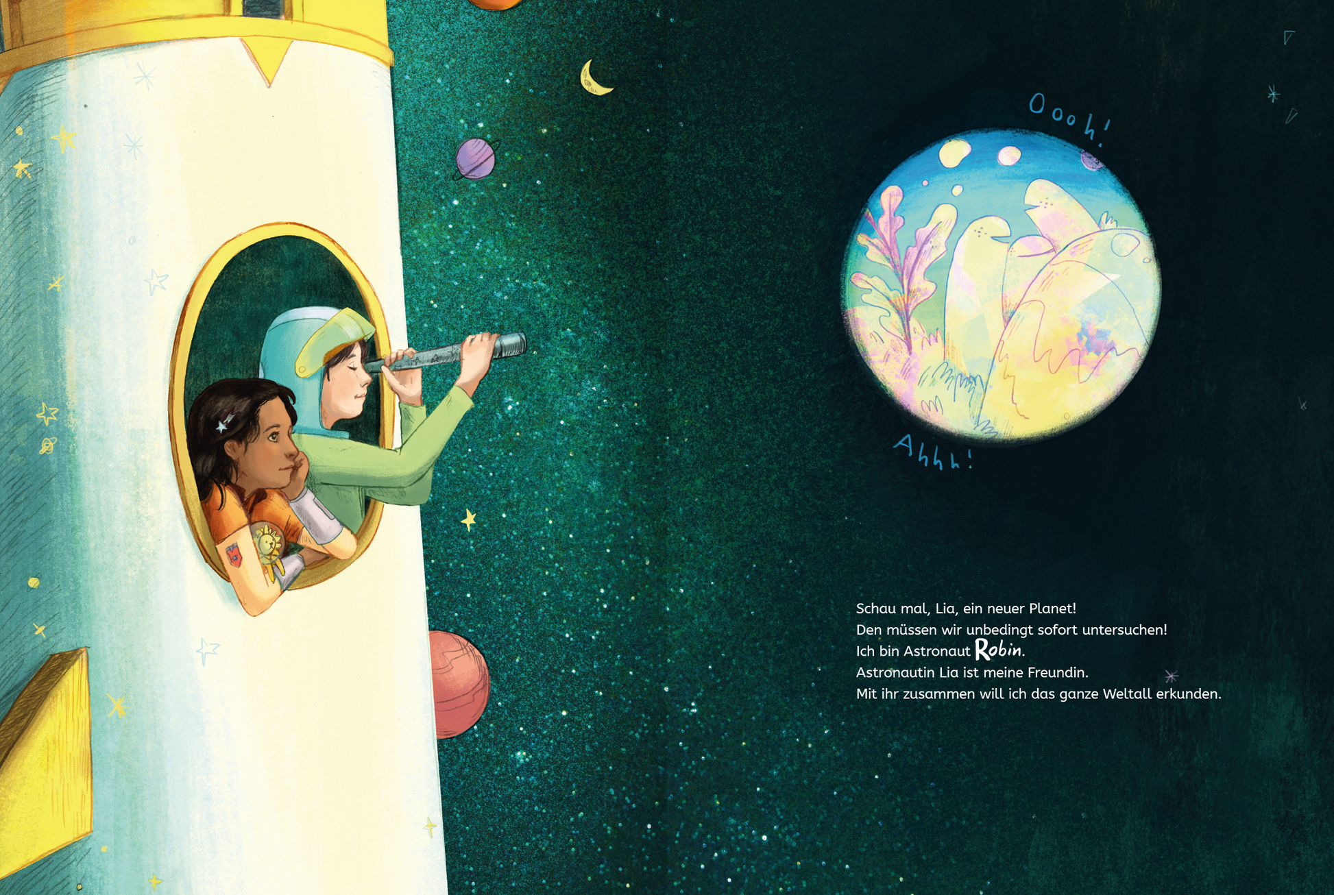 Gezeigt wird eine Innen- oder Zusatzansicht von „Astronautenkinder“. Die Illustration zeigt zwei Kinder, die aus einem Fenster einer Rakete blicken. Ein Mädchen mit einem Fernrohr erkundet den Nachthimmel, während das andere gespannt zusieht. Der Hintergrund ist in tiefen Blau- und Grüntönen gehalten, gespickt mit bunten Planeten und Sternen. Rechts ist ein großer, runder Planet mit bunten Pflanzenmotiven dargestellt. Die Textfelder verwenden eine helle, freundliche Typografie.
