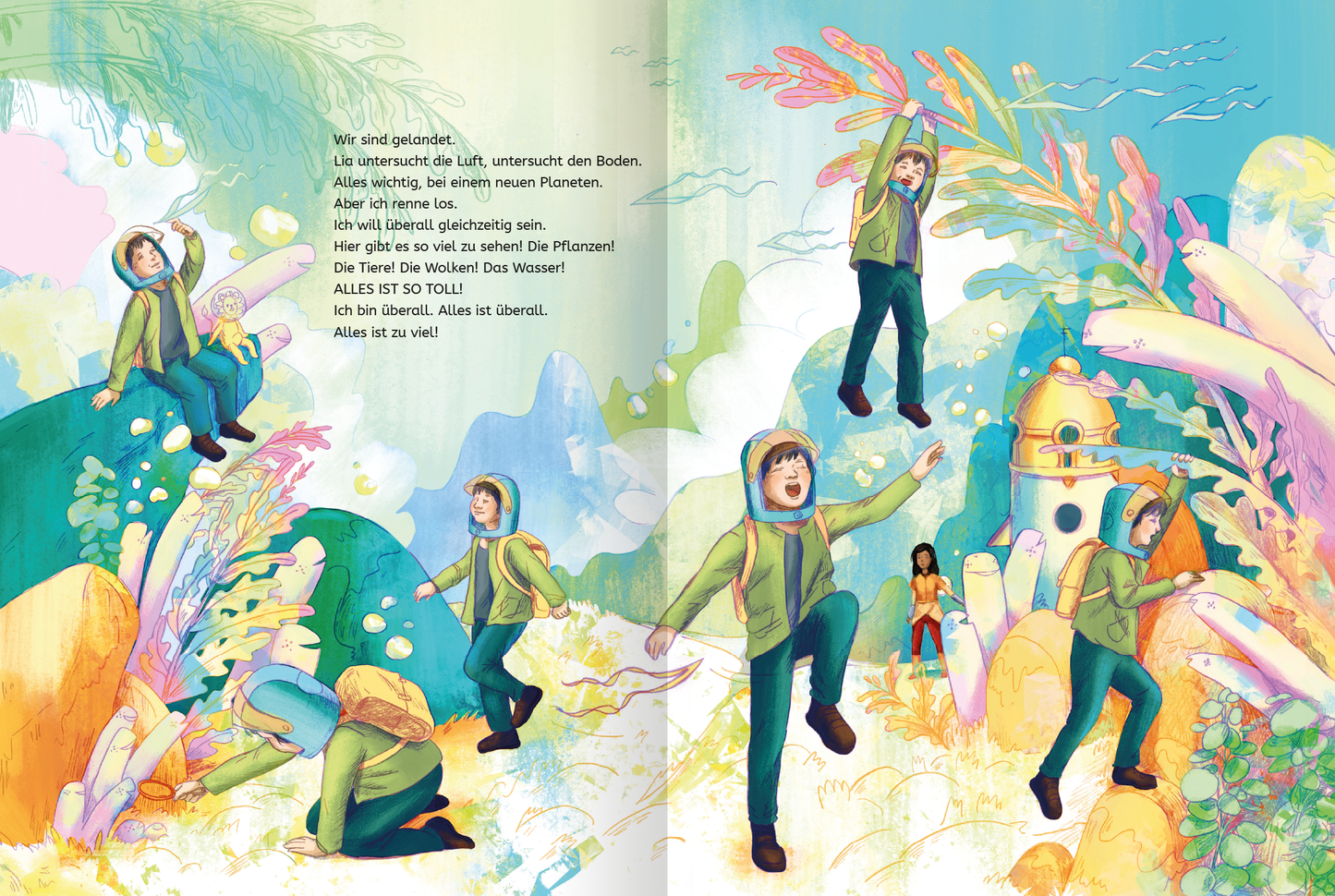 Gezeigt wird eine Innen- oder Zusatzansicht von „Astronautenkinder“. Die Illustration zeigt eine lebendige, farbenfrohe Unterwasserwelt mit fantasievollen Pflanzen und einer harmonierenden Farbpalette aus sanften Blau- und Grüntönen. In der Mitte stehen drei Kinder in abenteuerlichen Posen, die in passende, leuchtende Kleidung gekleidet sind. Der Hintergrund ist mit organischen Formen und Details geschmückt, die das Gefühl von Entdeckung und Staunen vermitteln, während ein vertrauter,...