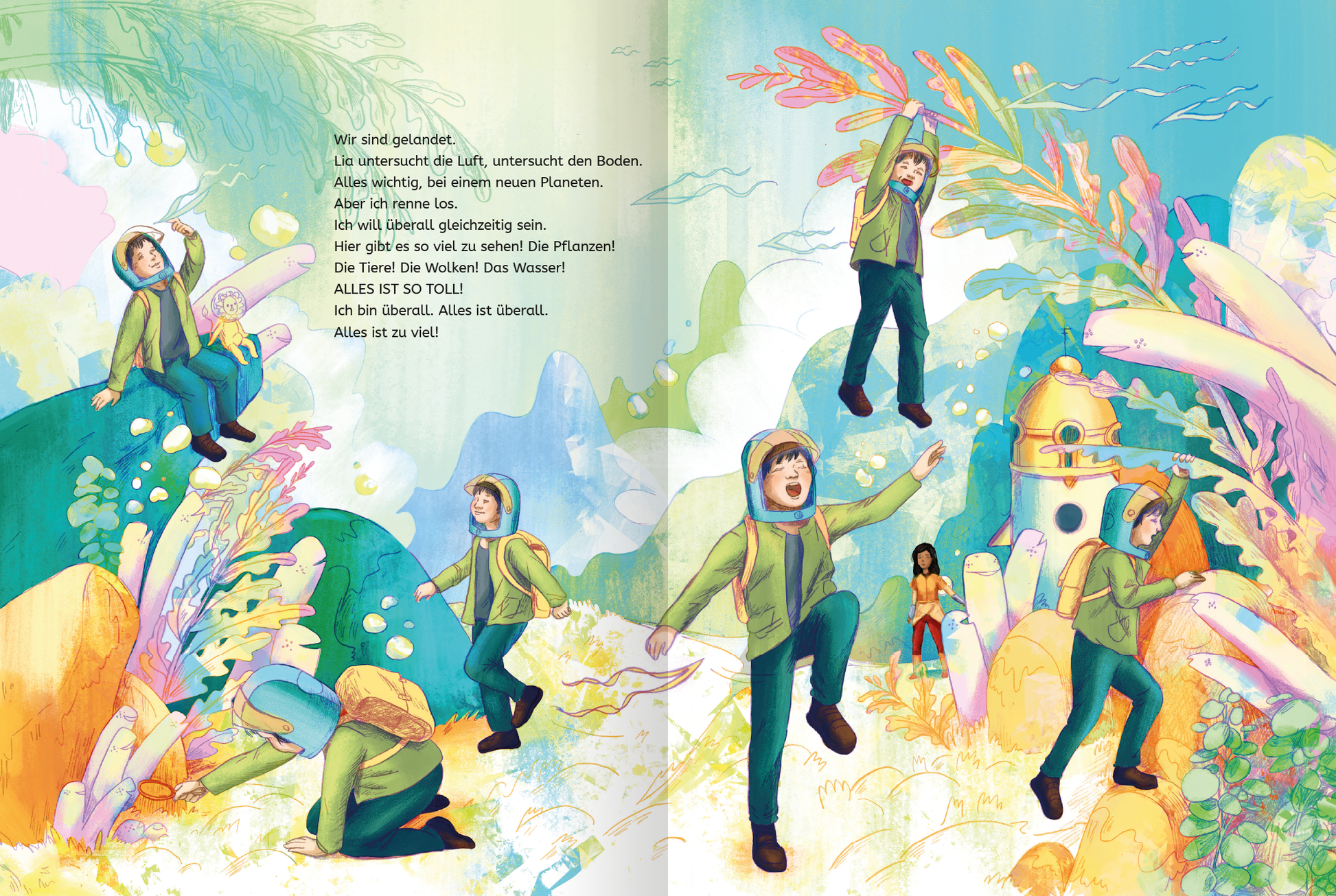 Gezeigt wird eine Innen- oder Zusatzansicht von „Astronautenkinder“. Die Illustration zeigt eine lebendige, farbenfrohe Unterwasserwelt mit fantasievollen Pflanzen und einer harmonierenden Farbpalette aus sanften Blau- und Grüntönen. In der Mitte stehen drei Kinder in abenteuerlichen Posen, die in passende, leuchtende Kleidung gekleidet sind. Der Hintergrund ist mit organischen Formen und Details geschmückt, die das Gefühl von Entdeckung und Staunen vermitteln, während ein vertrauter,...