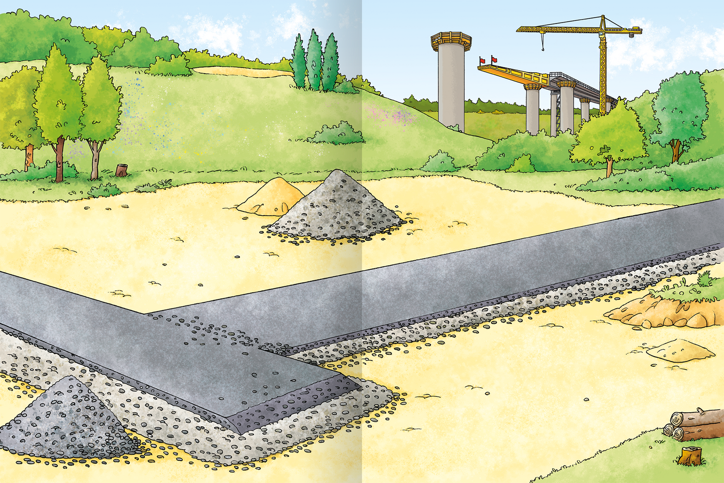 Gezeigt wird eine Innen- oder Zusatzansicht von „Erstes Stickern Metallic – Baustelle“. Die Illustration zeigt eine Bauumgebung mit einem frisch verlaufenen Weg, umgeben von grauen Steinen und gelblichem Sand. Im Hintergrund sind Baumgruppen in verschiedenen Grüntönen sichtbar, während ein Kran und Baupfeiler eine Baustelle kennzeichnen. Die Farben sind hell und freundlich, mit klaren Umrissen, die die Baustelle lebendig erscheinen lassen.