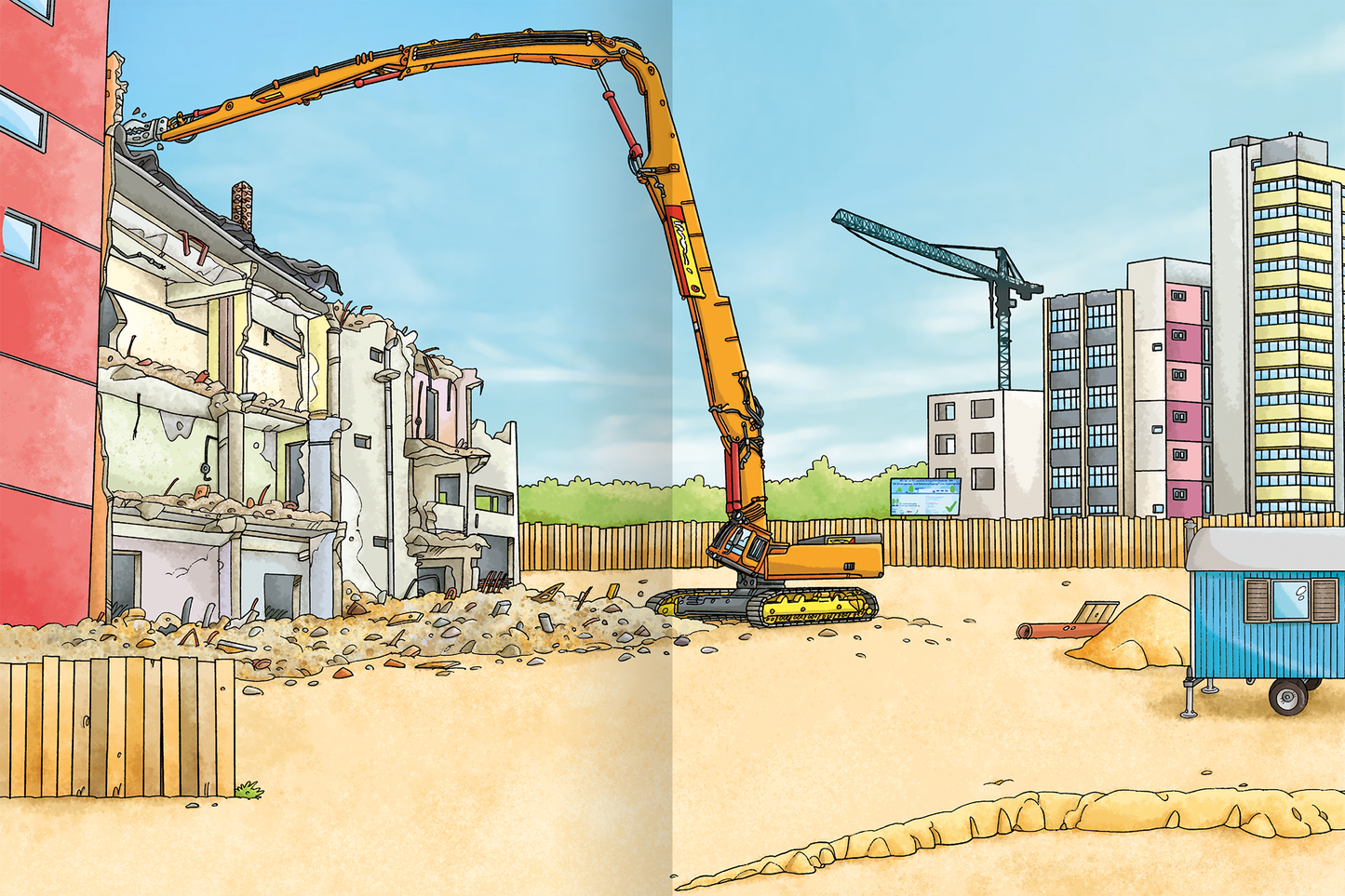 Gezeigt wird eine Innen- oder Zusatzansicht von „Erstes Stickern Metallic – Baustelle“. Die Illustration zeigt eine Baustelle mit einem großen, gelben Bagger, der an einem abgerissenen Gebäude arbeitet. Im Hintergrund sind moderne Wohnhäuser und ein Kran zu sehen. Die Farben sind hell und freundlich, mit viel Blau für den Himmel und Erdtönen für den Boden. Die Typografie ist verspielt und klar, passend zum Thema Baustelle.