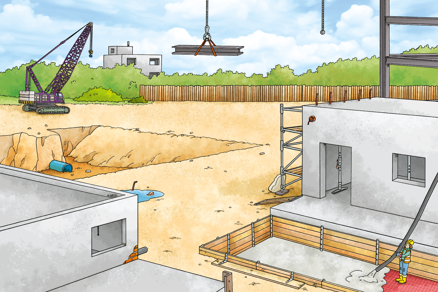 Gezeigt wird eine Innen- oder Zusatzansicht von „Erstes Stickern Metallic – Baustelle“. Die Szene zeigt eine Baustelle mit mehreren unvollendeten Gebäuden in hellen Grautönen. Im Hintergrund befindet sich ein Kran, der Stahlträger hebt, während rechts eine Leiter an einem der Gebäudeteile befestigt ist. Die Umgebung ist grün mit Bäumen und einem Holzlattenzaun. Der Himmel ist blau mit einigen Wolken, was eine freundliche Atmosphäre schafft. Die Illustration nutzt eine klare,...
