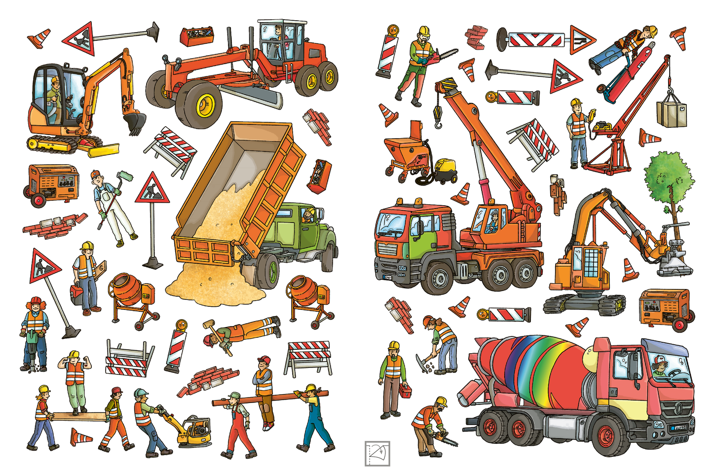 Gezeigt wird eine Innen- oder Zusatzansicht von „Erstes Stickern Metallic – Baustelle“. Die Illustration zeigt eine Vielzahl von Baustellenfahrzeugen und -maschinen, darunter Bagger, Lkw und Betonmischer in lebendigen Farbtönen wie Gelb, Rot und Grün. Bauarbeiter in Sicherheitskleidung interagieren mit Baustellenschildern und -materialien. Die Typografie der Schriftzüge ist klar und gut lesbar, ergänzt durch bunte Symbole, die die Vielfalt der Baustellenumgebung darstellen.
