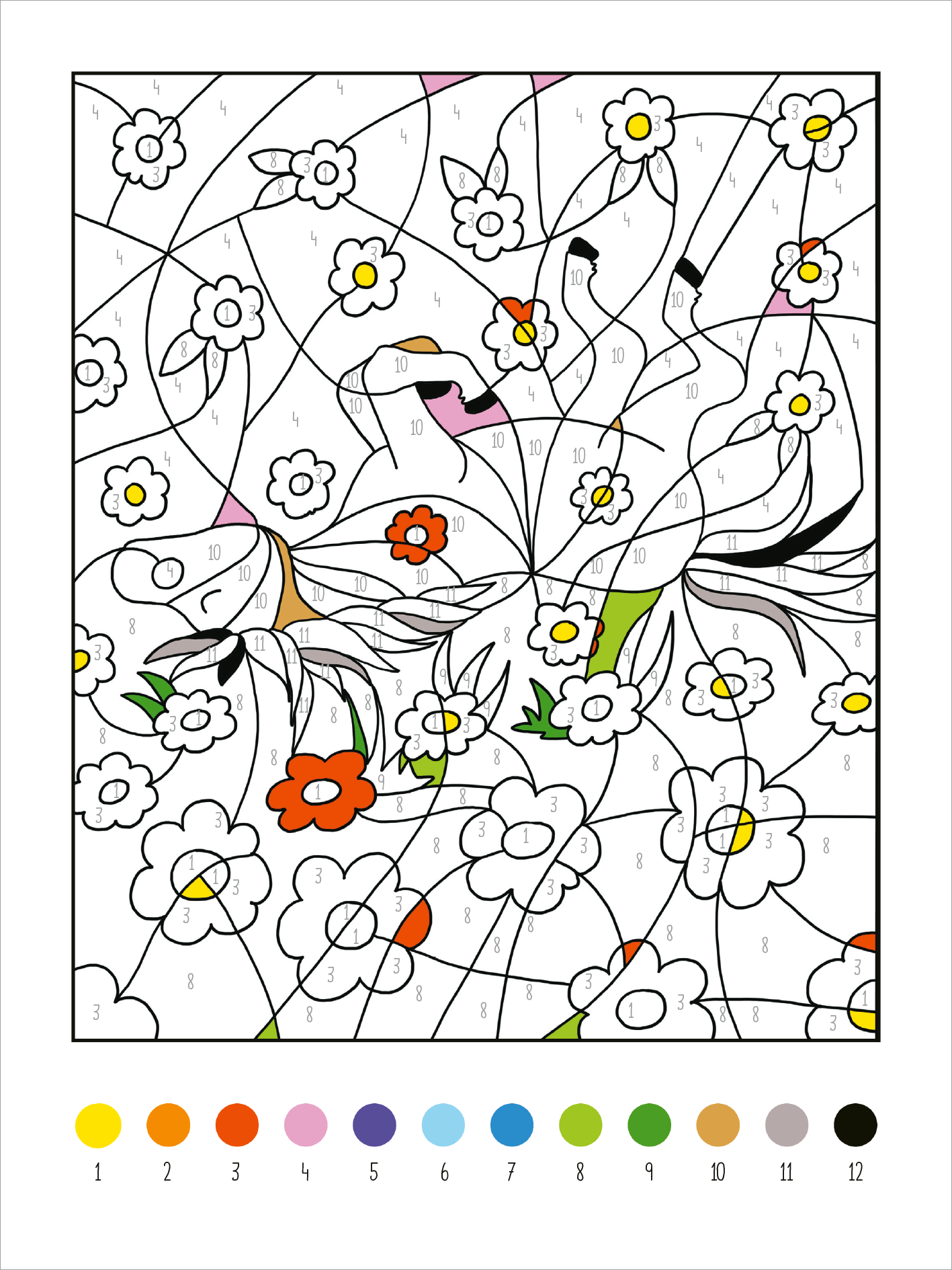 Gezeigt wird eine Innen- oder Zusatzansicht von „Mein dickes Malen-nach-Zahlen-Buch – Pferde und Ponys“. Die Seite zeigt ein detailliertes Motiv mit zwei Pferden, umgeben von blühenden, bunten Blumen. Die Umrisse sind schwarz und die Felder sind nummeriert. Eine Farbpalette am unteren Rand zeigt verschiedene Töne, darunter Orange, Gelb, Blau und Rosa, die zum Ausmalen verwendet werden können. Die typografische Darstellung der Zahlen ist klar und gut lesbar.