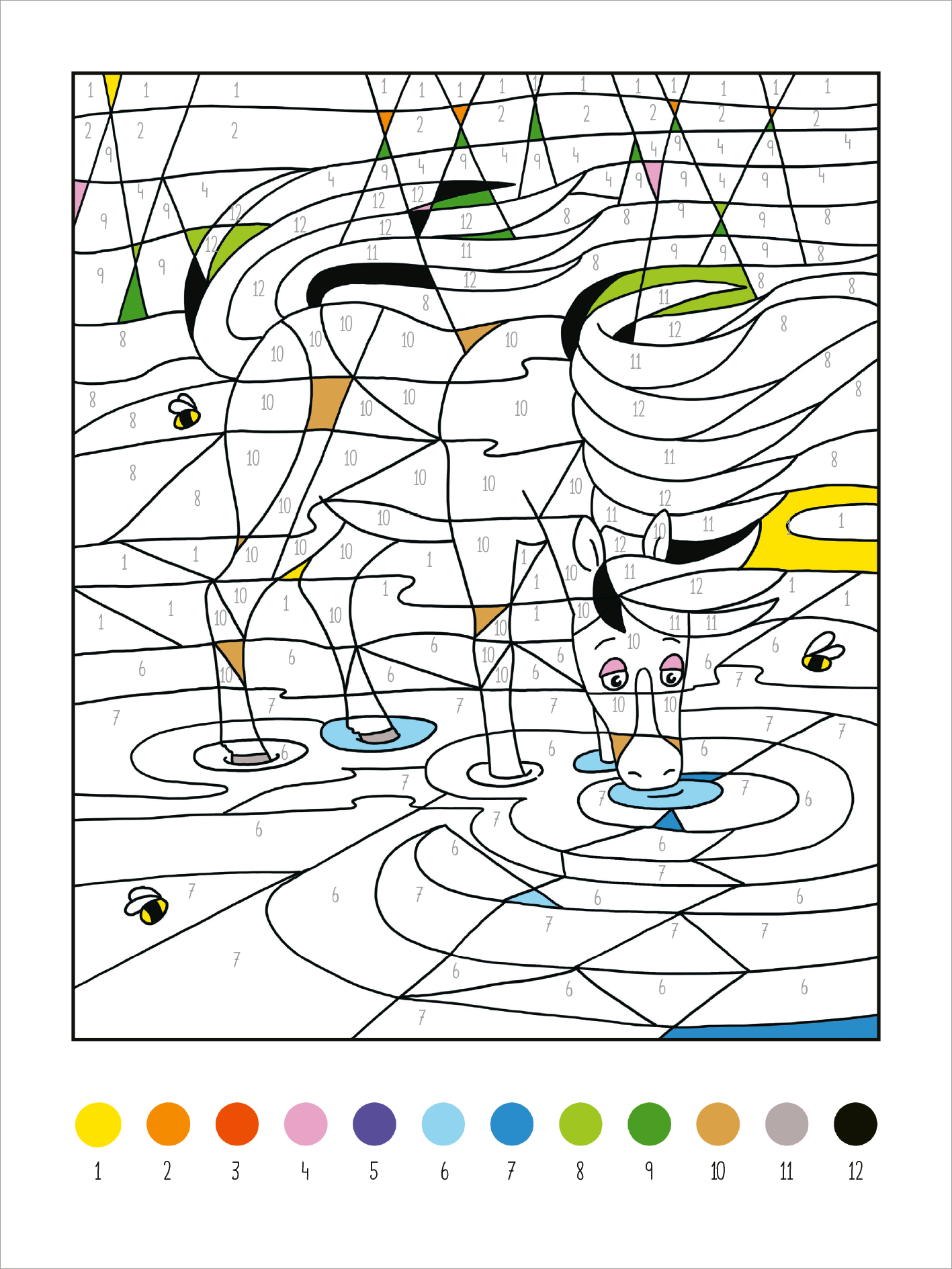 Gezeigt wird eine Innen- oder Zusatzansicht von „Mein dickes Malen-nach-Zahlen-Buch – Pferde und Ponys“. Die Abbildung zeigt ein farbig unvollendetes Bild eines Pferdes, das an einer Wasserstelle trinkt. Die Konturen sind in schwarz und die Felder sind mit Zahlen versehen, die den richtigen Farben zugeordnet sind. Die Farbpalette am unteren Rand umfasst lebendige Farben wie Orange, Pink, Blau und Grün, ergänzt durch erdige Töne, die die sommerliche Szenerie unterstreichen.