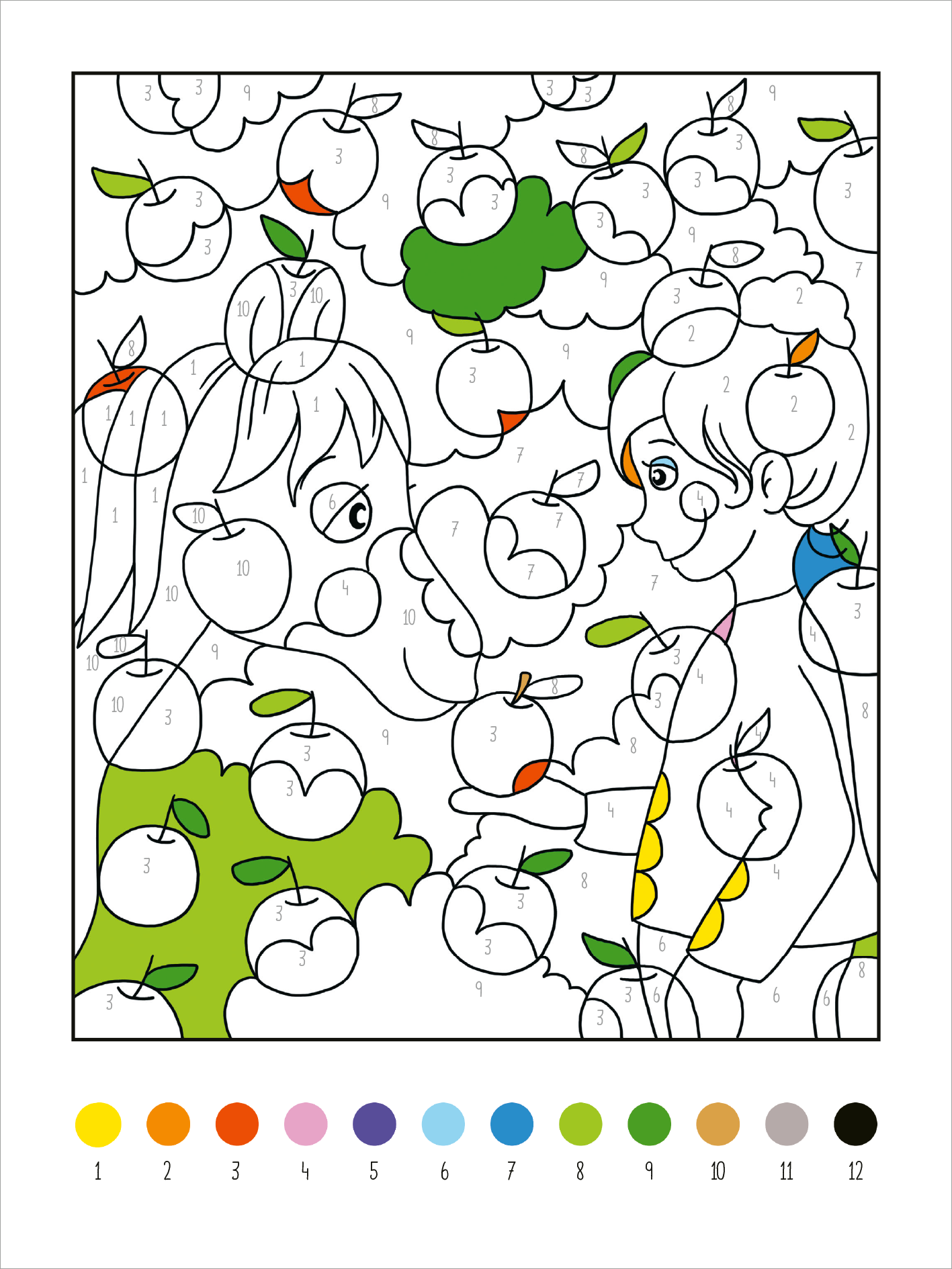 Gezeigt wird eine Innen- oder Zusatzansicht von „Mein dickes Malen-nach-Zahlen-Buch – Pferde und Ponys“. Die Illustration zeigt zwei Kinder, die sich in einem von Äpfeln umgebenen Szenario anlächeln. Die Umrisse sind klar und dick in Schwarz gezeichnet. Die Farbnummern sind am unteren Rand aufgeführt, darunter eine Farbpalette mit zwölf Farbquadraten in verschiedenen Farbtönen. Die Hauptelemente sind in lebendigen Farben gehalten, mit hellgrünen und roten Akzenten. Die Typografie...