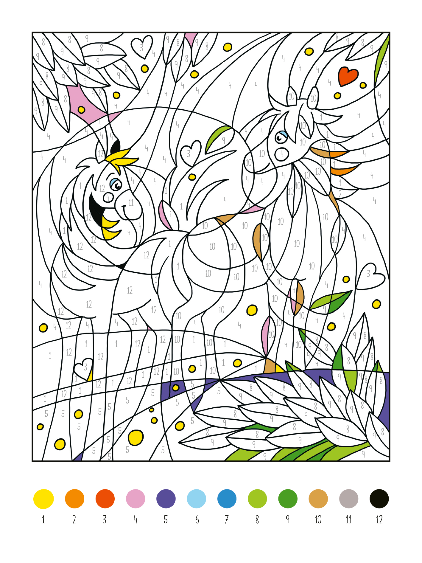 Gezeigt wird eine Innen- oder Zusatzansicht von „Mein dickes Malen-nach-Zahlen-Buch – Pferde und Ponys“. Die Abbildung zeigt zwei fröhliche Pferde, umgeben von bunten Blumen und Herzen. Die Konturen sind klar und unregelmäßig, wobei die die Farbnummern von 1 bis 12 in der unteren Leiste angegeben sind. Die Farben sind lebhaft: Gelb, Pink, Grün und Blau dominieren das Bild und laden zur kreativen Gestaltung ein. Die Schrift ist gut lesbar und freundlich gestaltet.