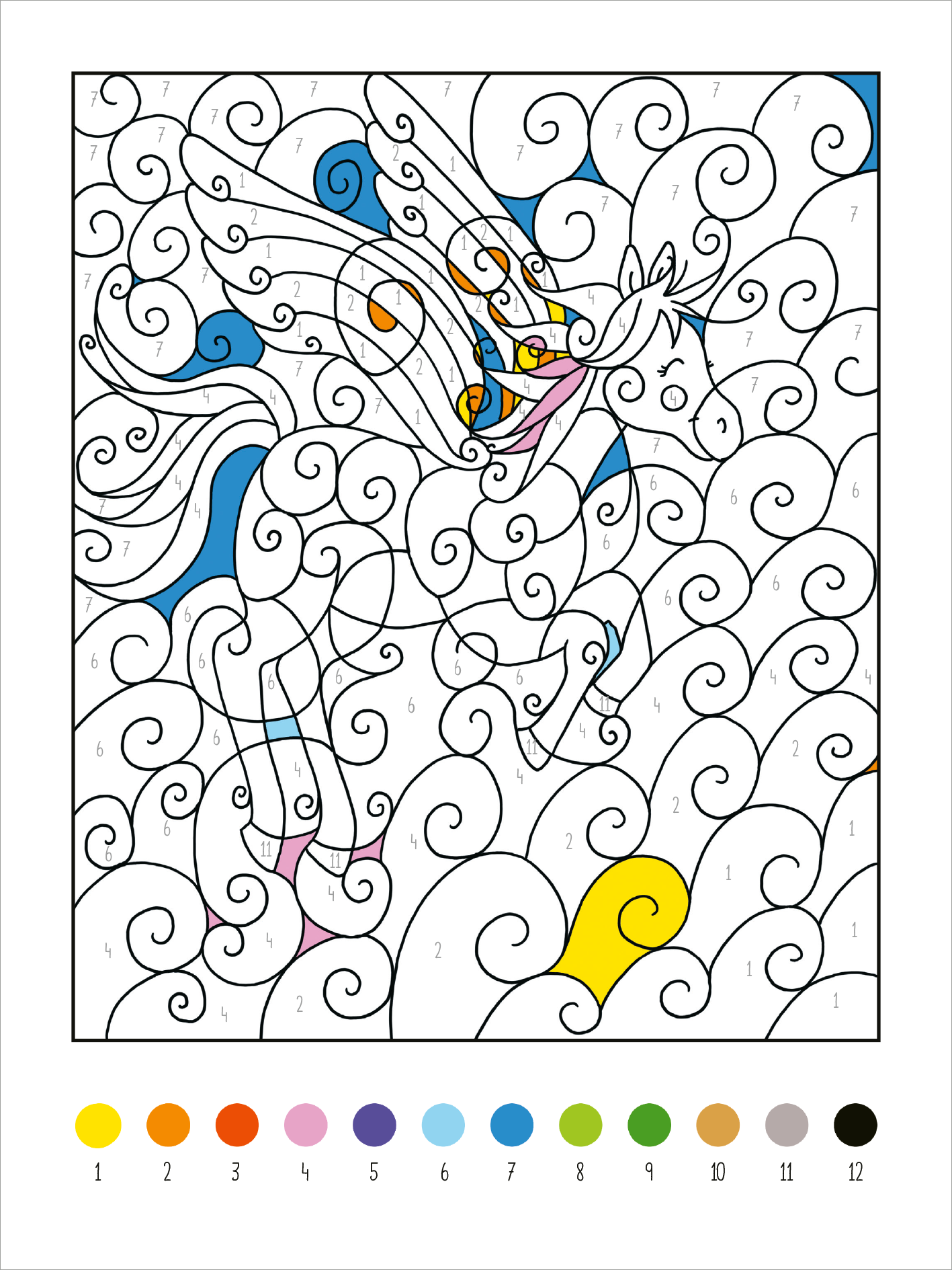 Gezeigt wird eine Innen- oder Zusatzansicht von „Mein dickes Malen-nach-Zahlen-Buch – Pferde und Ponys“. Die Illustration zeigt ein zauberhaftes Pferd mit Flügeln, umgeben von geschwungenen Wolkenlinien. Die Farbgebung umfasst Pastell- und lebendige Töne, darunter Blau, Gelb und Pink. Unter der Abbildung sind nummerierte Farbcodes in verschiedenen Farben angeordnet, die den Nutzer beim Ausmalen unterstützen. Die klare Linienführung und die verspielte Komposition laden ein, kreativ zu...