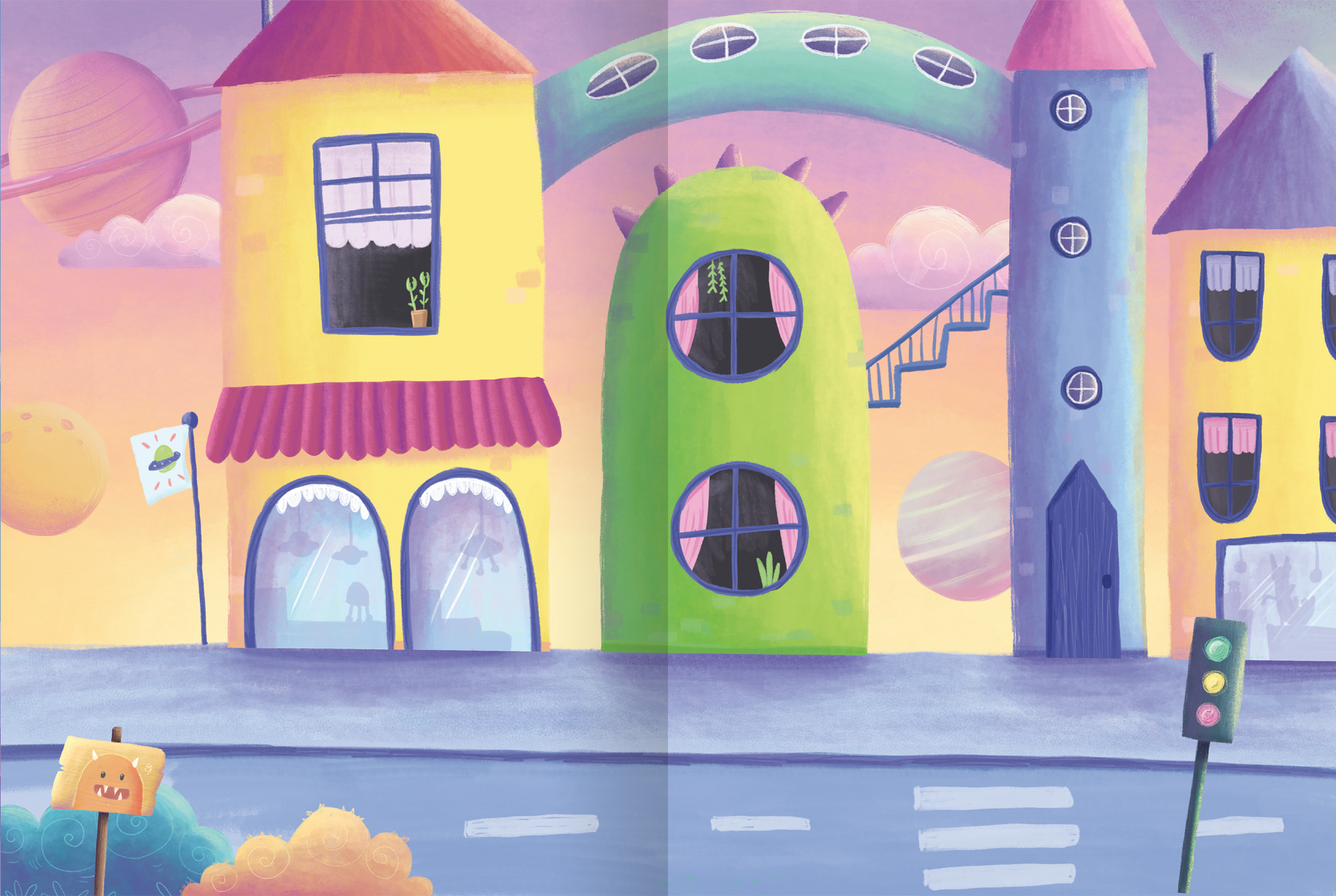 Gezeigt wird eine Innen- oder Zusatzansicht von „Mein flauschiges Stickerheft – Monster“. Die Illustration zeigt eine fantasievolle Stadtlandschaft mit bunten Gebäuden in Gelb, Grün und Blau. Große Fenster sind in den Gebäuden angebracht, während die Dächer in lebhaften Rottönen und Blau leuchten. Die Umgebung ist freundlich gestaltet, mit einer Ampel und einer malerischen Straße. Im Hintergrund sind vier große Planeten und ein paar Wolken zu sehen.