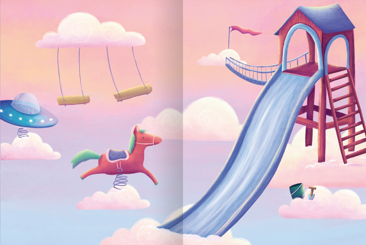 Gezeigt wird eine Innen- oder Zusatzansicht von „Mein flauschiges Stickerheft – Monster“. Die Illustration zeigt eine traumhafte, pastellgelbe und rosa Wolkenlandschaft. Links schwingen Schaukeln unterhalb einer Wolke, während ein Ufo und ein Pferd für Kinder zum Aufsitzen und Schwingen einladen. Rechts steht eine große Rutsche in Blau, die von einer Kletterburg herabführt. Eine Hängebrücke führt zu einer weiteren Wolke mit einer Fahne. Die sanften, runden Formen und Farben...