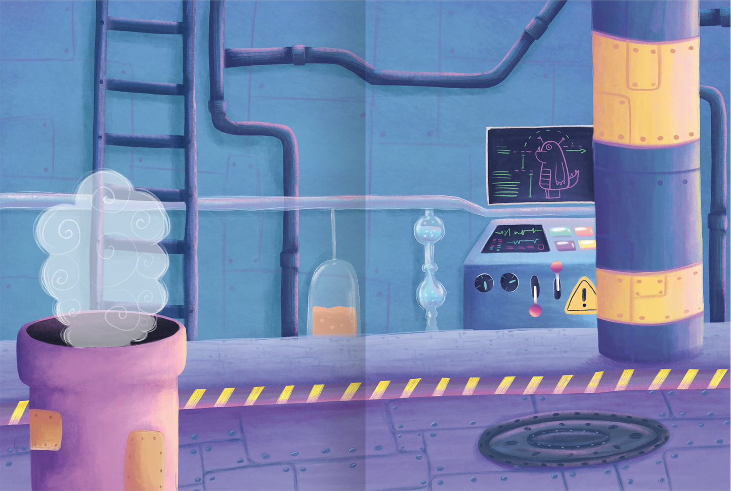 Gezeigt wird eine Innen- oder Zusatzansicht von „Mein flauschiges Stickerheft – Monster“. Die Szene zeigt einen fantasievollen Laborraum mit einer lila Rohrleitung im Vordergrund, aus der graue Dampfwolken aufsteigen. Im Hintergrund sind graue Wände mit blauen Rohren und einem Kontrollpanel, das bunte Knöpfe und ein Bildschirm zeigt. Gelbe Warnstreifen zieren den Boden, und ein großes Loch weist auf eine Abflussöffnung hin. Die Farben sind lebhaft und einladend.