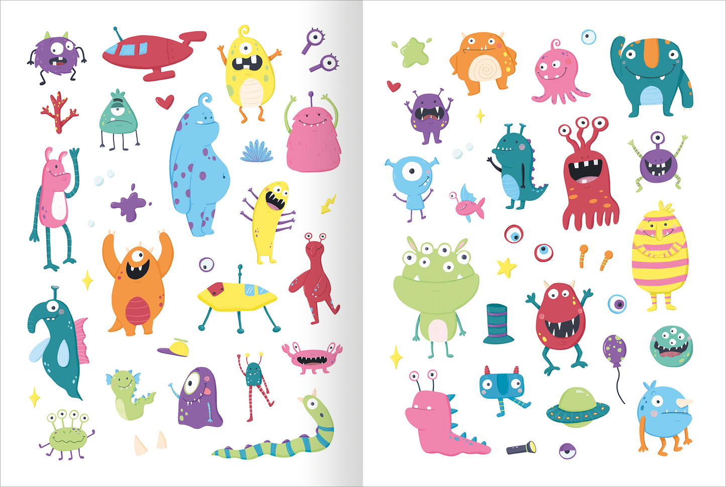 Gezeigt wird eine Innenansicht von „Mein flauschiges Stickerheft – Monster“. Der Stickerbogen präsentiert farbenfrohe, cartoonhafte Monster in verschiedenen Formen und Größen, überwiegend in leuchtenden Farben wie Pink, Blau, Grün und Gelb. Einige Monster tragen lustige Accessoires wie Hüte oder Brillen.
