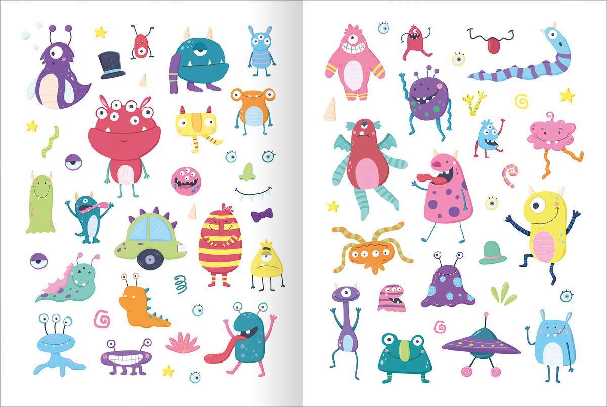 Gezeigt wird eine Innenansicht von „Mein flauschiges Stickerheft – Monster“. Der Stickerbogen präsentiert farbenfrohe, cartoonhafte Monster in verschiedenen Formen und Größen, überwiegend in leuchtenden Farben wie Pink, Blau, Grün und Gelb. Einige Monster tragen lustige Accessoires wie Hüte oder Brillen.