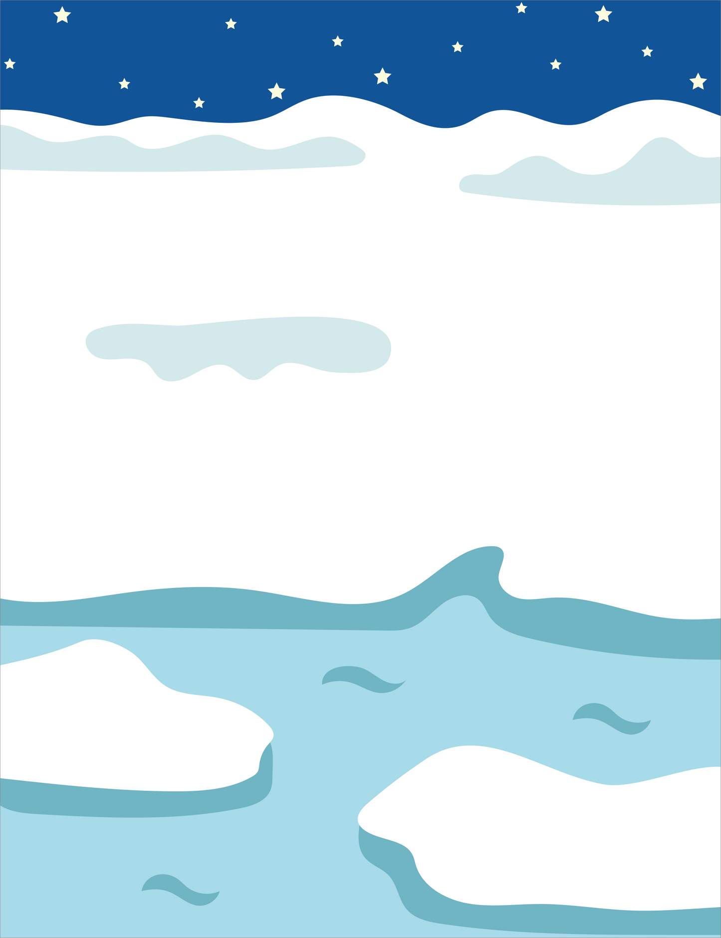 Gezeigt wird eine Innen- oder Zusatzansicht von „Mein allererster Stickerblock – Tierkinder“. Die Illustration zeigt eine winterliche Landschaft mit sanften, runden Formen. Oben ist ein klarer blauer Himmel mit kleinen, weißen Sternen. Darunter sind mehrere weiße Wolken und ein weites, eisblaues Wasser mit abstrakten Wellen und Eisschollen. Die Farbpalette ist hell und freundlich, und die Formen sind einfach gehalten, was einen einladenden Eindruck vermittelt.
