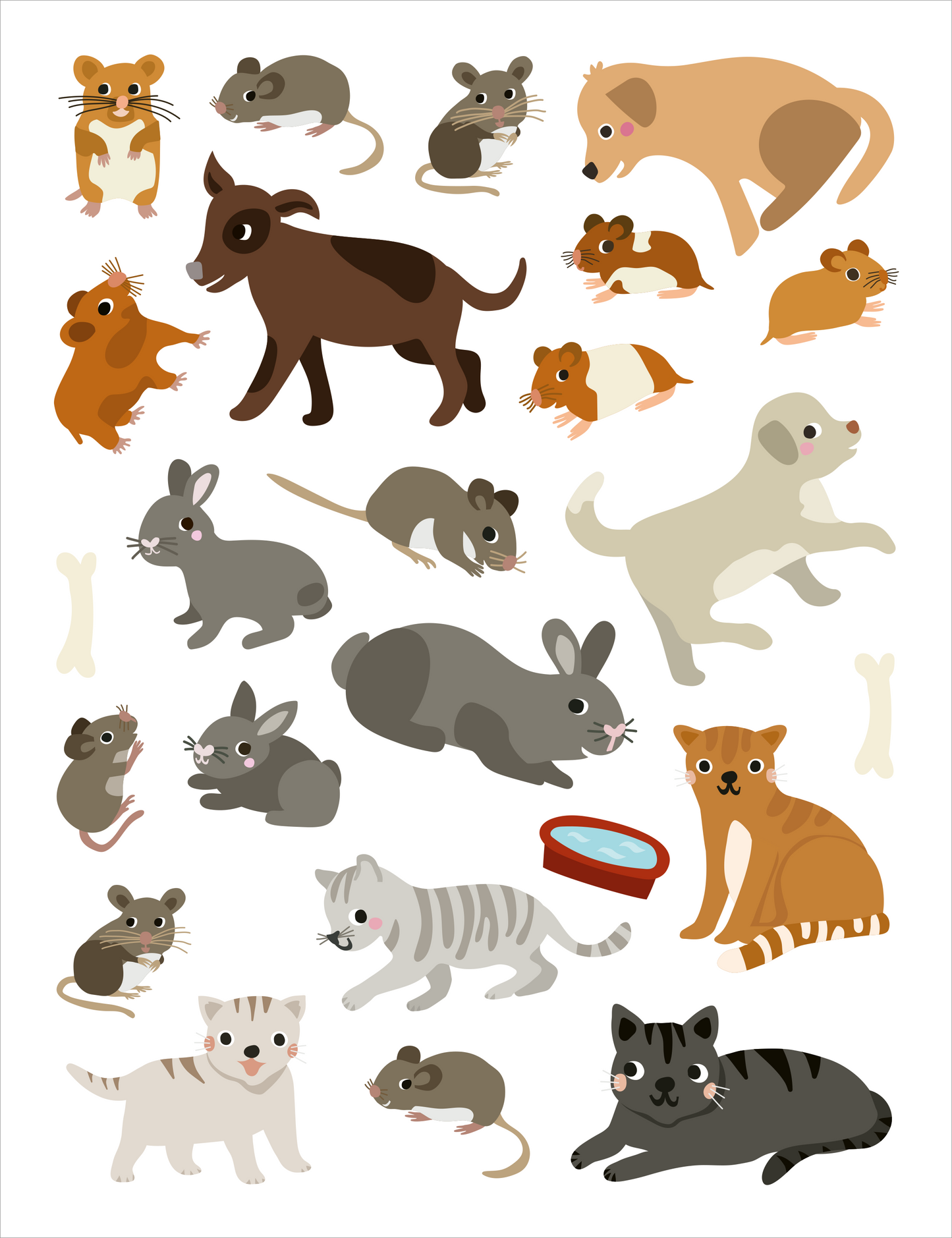 Gezeigt wird eine Innen- oder Zusatzansicht von „Mein allererster Stickerblock – Tierkinder“. Das Bild zeigt eine bunte Ansammlung von Tierspielen, hauptsächlich in sanften Pastelltönen. Zu sehen sind unter anderem verspielte Katzen, Hundewelpen, Mäuse und Hamster. Die typografische Gestaltung ist klar und kindgerecht, mit freundlichen, runden Formen, die eine lebhafte und einladende Atmosphäre schaffen.