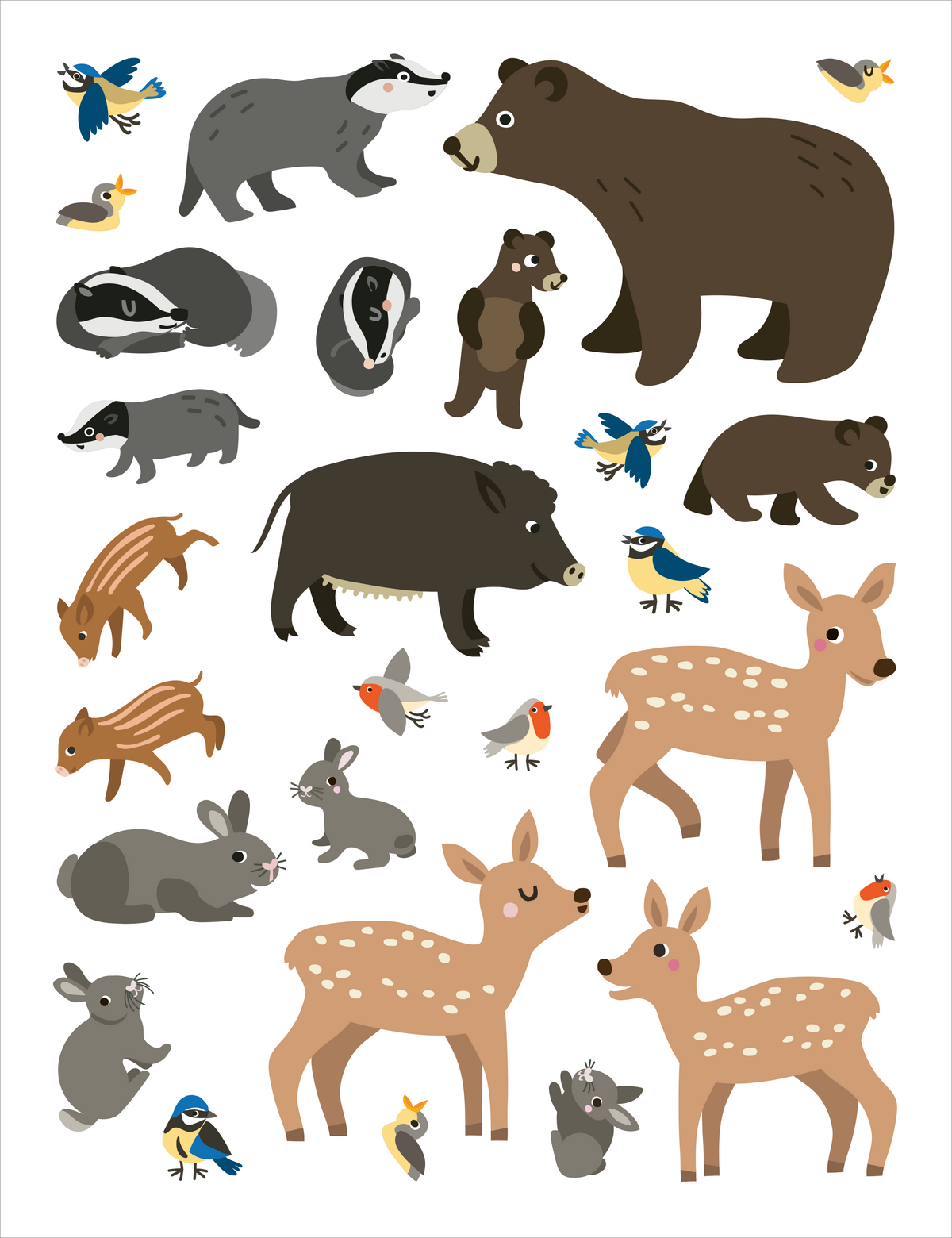 Gezeigt wird eine Innen- oder Zusatzansicht von „Mein allererster Stickerblock – Tierkinder“. Die Ansicht zeigt eine bunte Anordnung von Illustrationen verschiedener Tierkinder, darunter Bären, Rehe, und Hasen. Die Farben sind fröhlich und divers, mit sanften Braun-, Grau- und Beigetönen sowie lebhaften Blau- und Gelbtönen in den Vögeln. Die Typografie ist humorvoll und kinderfreundlich, unterstützt durch klare Linien und einfache Formen, die die freundliche Atmosphäre...