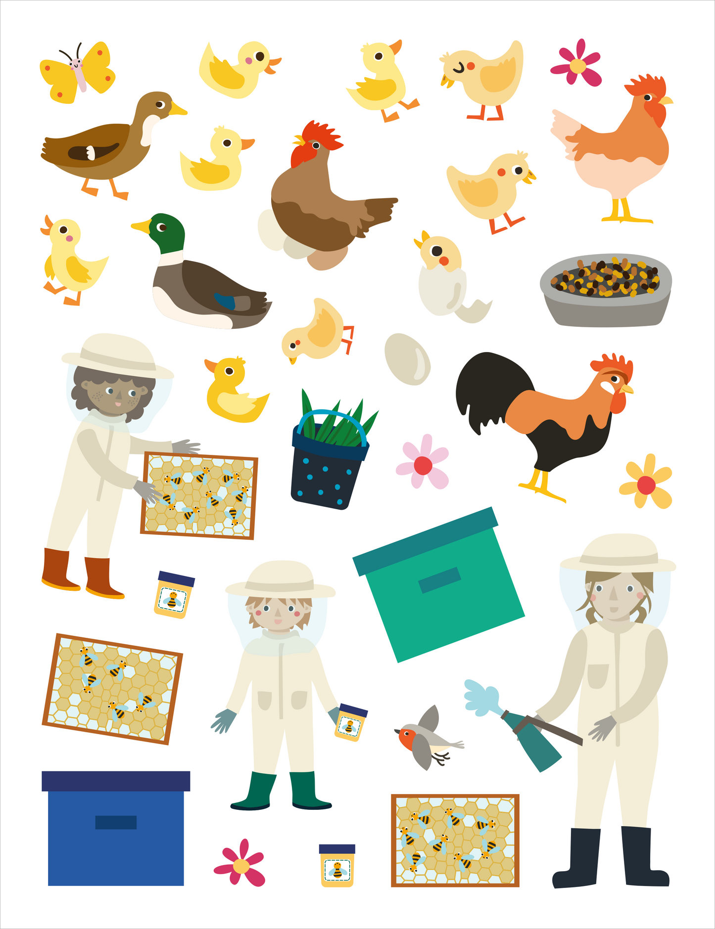 Gezeigt wird eine Innen- oder Zusatzansicht von „Mein allererster Stickerblock – Bauernhof“. Die Ansicht zeigt eine bunte Auswahl von Tierillustrationen, darunter Hühner, Küken, Enten und Schmetterlinge, die in lebhaften Farben gestaltet sind. Zwei Figuren in Schutzanzügen arbeiten mit Bienenstöcken und einer grünen Kiste. Die Typografie ist verspielt und kindgerecht. Blumen und Futterplätze ergänzen die fröhliche Gestaltung, die eine einladende Atmosphäre schafft.