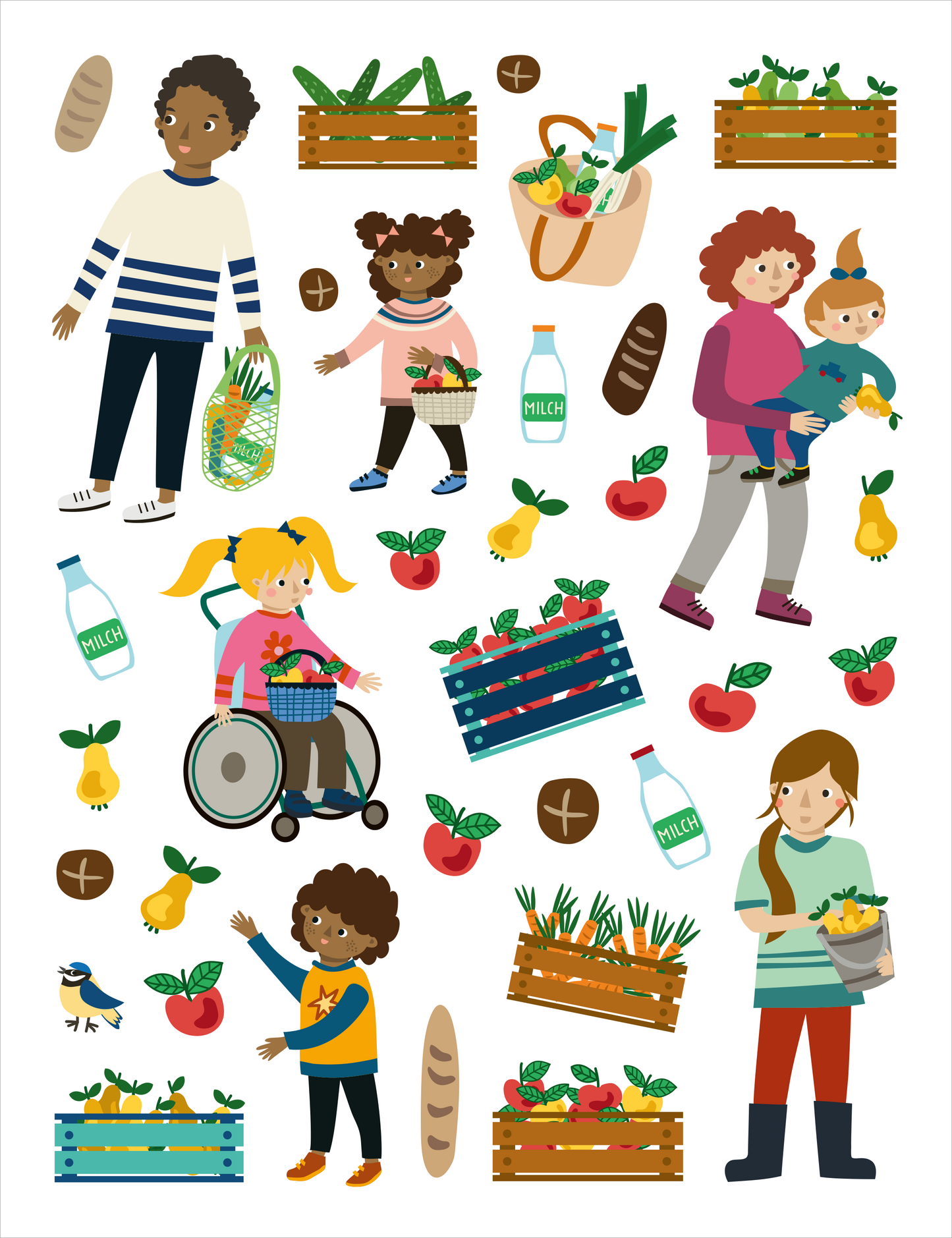 Gezeigt wird eine Innen- oder Zusatzansicht von „Mein allererster Stickerblock – Bauernhof“. Die Abbildung präsentiert bunte, kindgerechte Illustrationen von Menschen unterschiedlichen Alters und Geschlechts, die am Bauernhof tätig sind. Zu sehen sind Obstkisten, Milchflaschen, und verschiedene Lebensmittel wie Gemüse und Obst. Die dominante Farbgebung umfasst lebendige Töne wie Grün, Rot und Gelb. Die Typografie ist verspielt und ansprechend, was die kindliche Zielgruppe anspricht.