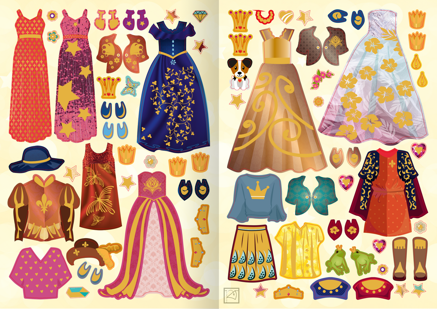 Gezeigt wird eine Innen- oder Zusatzansicht von „Sticker-Anziehpuppen Metallic – Prinzessinnen und Prinzen“. Die Illustration zeigt eine Vielzahl von bunten Kleidungsstücken und Accessoires in leuchtenden Farben wie Rot, Grün, Lila und Blau. Abgebildet sind verschiedene Prinzessinnen- und Prinzenkostüme, darunter elegante Kleider, Umhänge und Rüstungen. Zusätzlich sind Accessoires wie Schuhe, Tiere und ein Wappen ergänzt, die in verspielter Anordnung auf einem gelben Hintergrund...