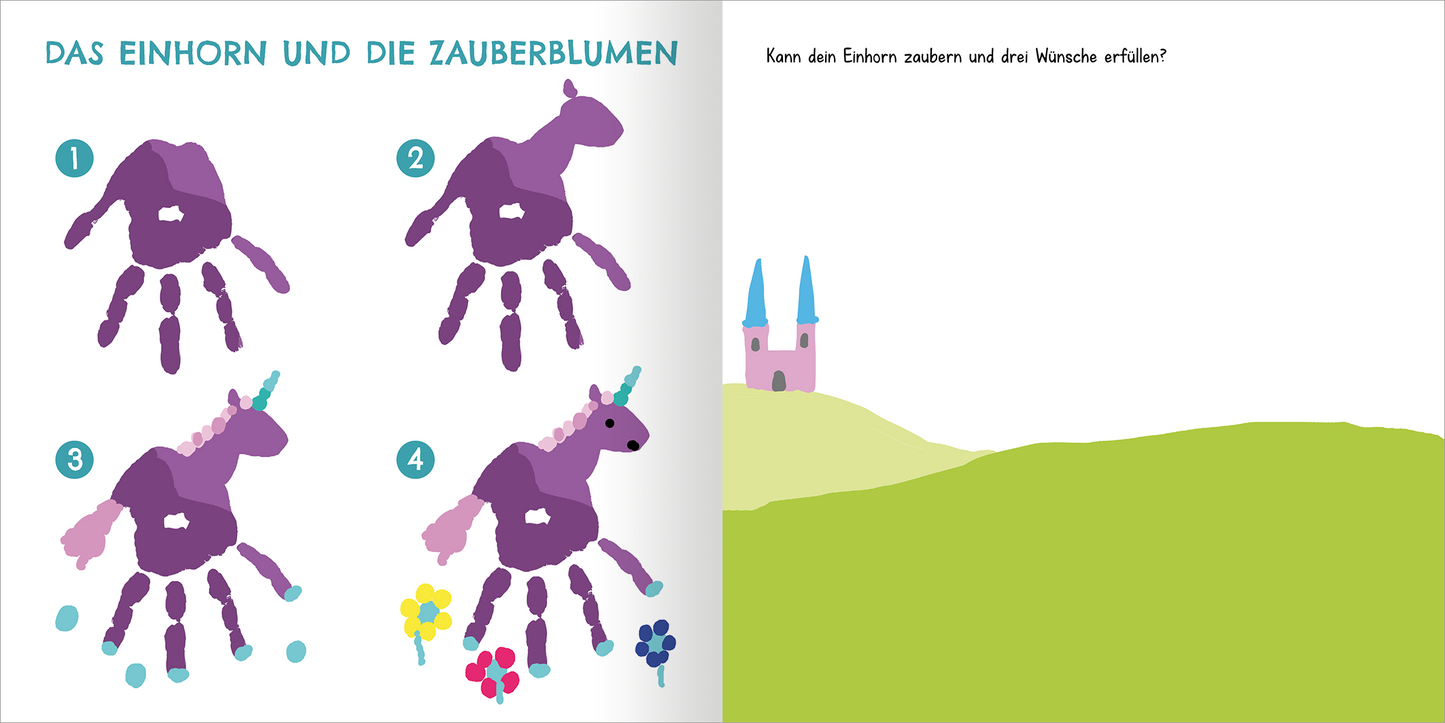 Gezeigt wird eine Innen- oder Zusatzansicht von „Mein allererstes Fingermalbuch – Lustige Tiere“. Auf der linken Seite sind die Schritte zum Malen eines Einhorns in kräftigen Violett- und Grüntönen abgebildet, mit handflächigen Formen und bunten Blumen. Die rechte Seite zeigt eine minimalistische Landschaft mit sanften Hügeln und einem bunten Schloss im Hintergrund. Die Schrift ist klar und freundlich, ideal für Kinder.