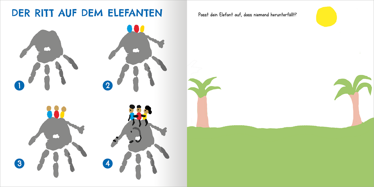 Gezeigt wird eine Innen- oder Zusatzansicht von „Mein allererstes Fingermalbuch – Lustige Tiere“. Auf der linken Seite sind vier Illustrationen mit einer grauen Hand, die einen Elefanten darstellt, umgeben von bunten Figuren in Blau, Rot und Gelb. Jede Illustration zeigt eine unterschiedliche Position der Figuren. Auf der rechten Seite befindet sich ein minimalistisch gestalteter Hintergrund mit einer wachsenden Landschaft, grünen Palmen und einer gelben Sonne. Die Schrift ist klar und...
