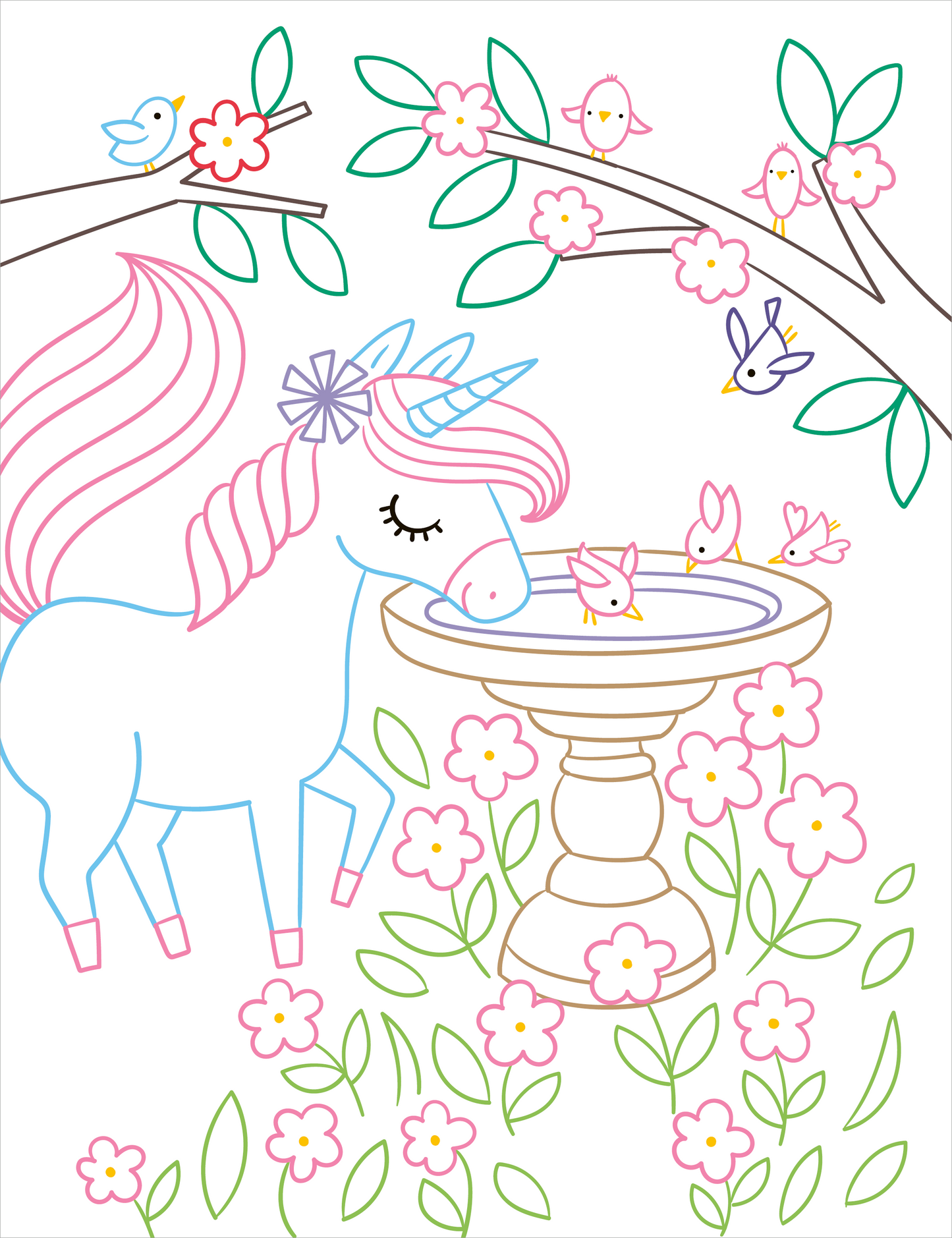 Gezeigt wird eine Innen- oder Zusatzansicht von „Zauberbilder – Einhörner“. Die Darstellung umfasst ein stilisiertes Einhorn mit einer rosa Mähne und einem glitzernden Horn, das an einem Vogelbad steht. Umgeben von bunten Blumen in sanften Pastellfarben und kleinen, fröhlichen Vögeln, vermittelt die Szene eine magische und verspielte Atmosphäre.