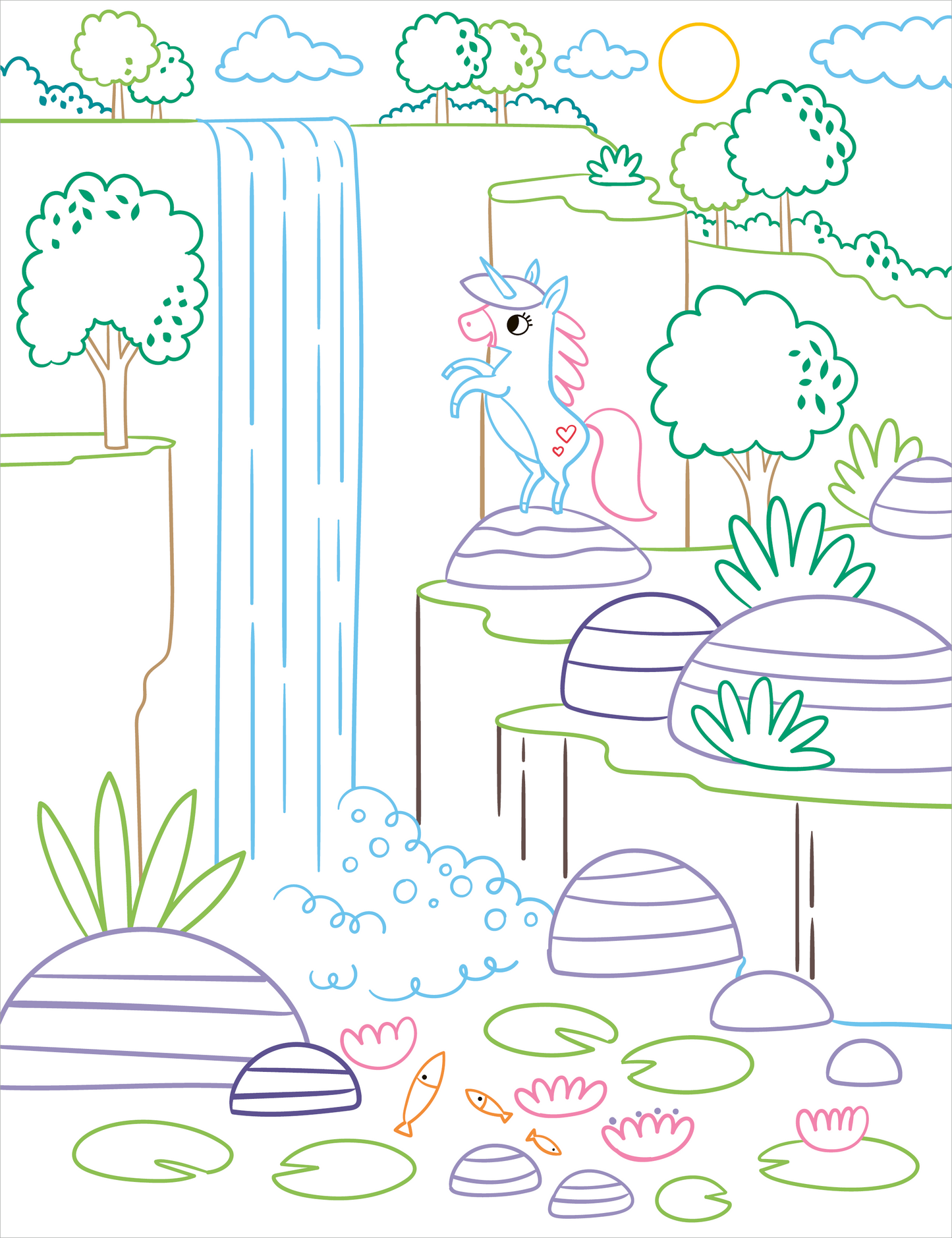Gezeigt wird eine Innen- oder Zusatzansicht von „Zauberbilder – Einhörner“. Die Illustration zeigt ein fröhliches Einhorn, das vor einem Wasserfall steht, umgeben von sanften, gewellten Felsen und grünen Pflanzen. Die Farben sind sanft und pastellig, mit vorherrschendem Blau für den Wasserfall, Pink und Blau für das Einhorn und unterschiedlichen Grüntönen für die Bäume. Die Typografie ist verspielt und harmonisch in die Szene integriert.