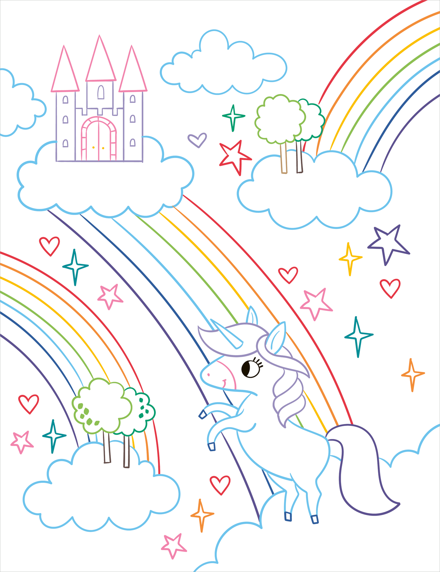 Gezeigt wird eine Innen- oder Zusatzansicht von „Zauberbilder – Einhörner“. Die Illustration zeigt ein fröhliches Einhorn, das auf einer Wolke steht. Es ist in sanften Pastellfarben gehalten, hauptsächlich in Weiß mit lila und blauen Akzenten. Bunte Regenbögen erstrecken sich über den Himmel, umgeben von Wolken und Bäumen in verschiedenen Grüntönen. Ein Märchenschloss in Rosa und lila ergänzt die Szene, während kleine Herzen und Sterne in lebhaften Farben verteilt sind.