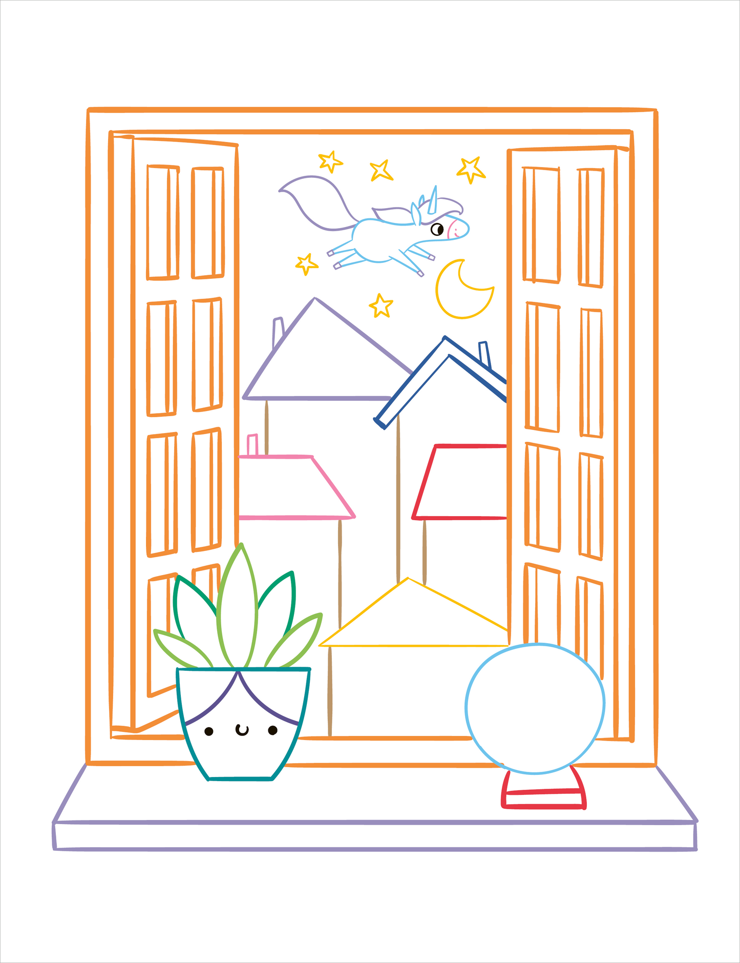 Gezeigt wird eine Innenansicht von „Zauberbilder – Einhörner“. Die Illustration zeigt ein offenes Fenster mit bunten Fensterläden in orange und gelb. Draußen sind einige stilisierte Häuser in unterschiedlichen Farben, darunter rot und blau, zu sehen. Ein Einhorn fliegt durch einen nächtlichen Himmel mit einem Mond und funkelnden Sternen. Auf der Fensterbank steht ein lächelnder Topf mit einer Pflanze und eine runde, durchsichtige Glaskugel. Die Linien sind klar und farbenfroh, was...