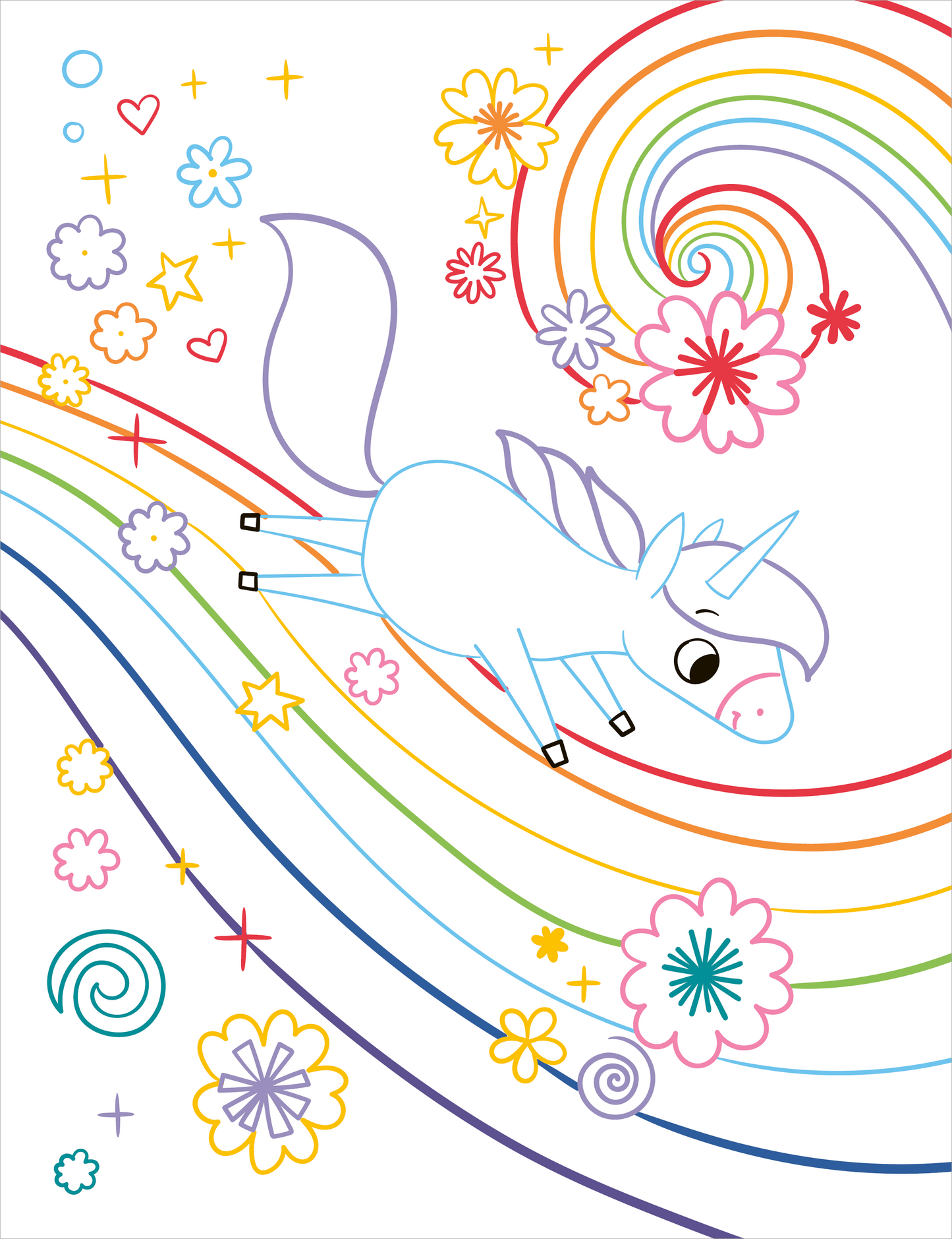 Gezeigt wird eine Innen- oder Zusatzansicht von „Zauberbilder – Einhörner“. Die Illustration zeigt ein fröhliches, cartoonhaftes Einhorn, das über einen bunten Regenbogen fliegt. Umgeben ist es von verschiedenen, bunten Blumen, Sternen und spiralförmigen Motiven in sanften Pastellfarben. Das Gesamtbild vermittelt eine fantasievolle und einladende Atmosphäre.