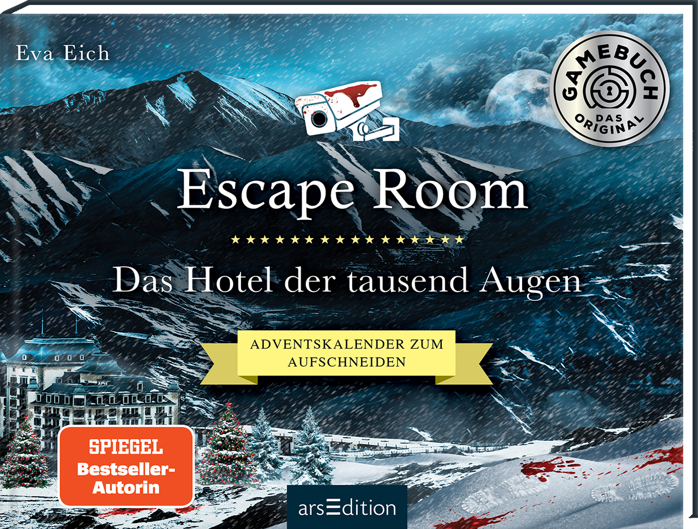 Das Buchcover zeigt eine düstere, schneebedeckte Berglandschaft unter einem bewölkten Himmel. Im Vordergrund ist ein stilisiertes Hotel abgebildet, das geheimnisvoll und unheimlich wirkt. Der Titel „Escape Room“ steht groß in eleganter Schrift, gefolgt von „Das Hotel der tausend Augen“ in einer verspielten Typografie. In der linken unteren Ecke ist ein roter Button mit „SPIEGEL Bestseller-Autorin“ zu sehen. Ganz unten mittig steht der Logoschriftzug von arsEdition.