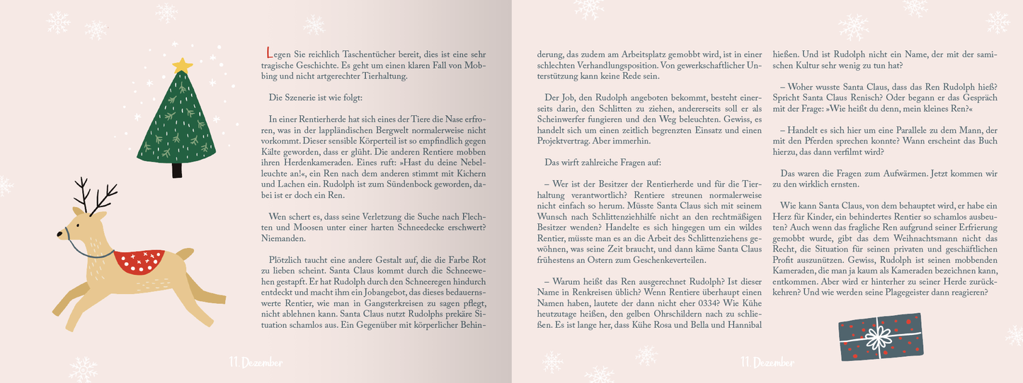 Gezeigt wird eine Innen- oder Zusatzansicht von „24 Geschichten aus dem hohen Norden“. Die Doppelseite präsentiert eine sanfte, pastellfarbene Hintergrundgestaltung in Rosa, ergänzt durch festliche Illustrationen. Links ist ein grüner Tannenbaum und ein rennendes Reh mit rotem Sattelbild zu sehen. Rechts finden sich zwei Spalten Text in einer klaren, leserlichen Schrift. Der Text ist in der Farbe Schwarz gehalten und die Schriftgröße wirkt angenehm für die Lesbarkeit. Dezente...