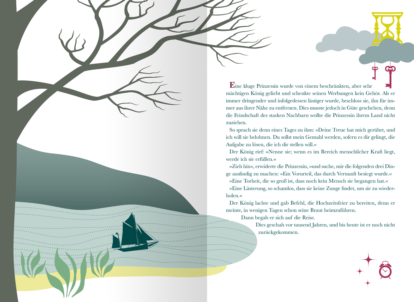 Gezeigt wird eine Innenansicht von „Von fabelhaften Frauen. 24 literarische Geschichten“. Die Seite präsentiert eine Kombination aus sanften Farben, darunter Grün- und Blautöne, und einer klaren, gut lesbaren Typografie in schwarzem Text. Illustrationen zeigen einen ausdrucksvollen Baum, eine ruhige Wasseroberfläche und ein kleines Boot, die eine märchenhafte Atmosphäre erzeugen. Der Text ist rechtsbündig angeordnet und wird durch grafische Elemente wie Wolken und Schlüssel...