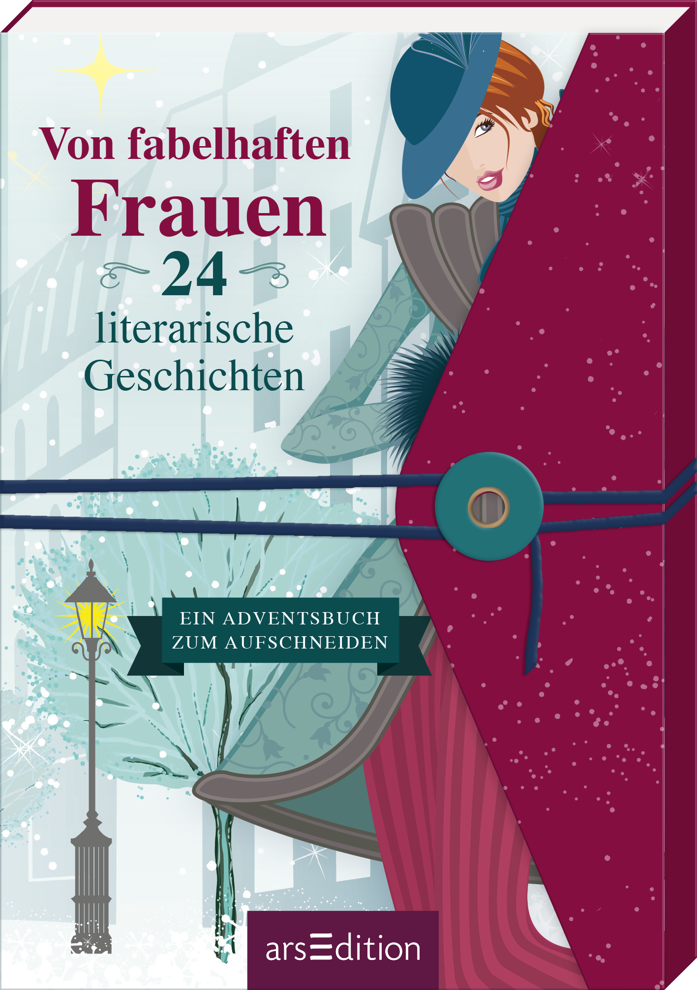 Das Buchcover „Von fabelhaften Frauen“ zeigt eine elegante Frau in einem türkisfarbenen Kleid und einem roten Hut mit blauen Akzenten, die auf einer Bank sitzt. Der Hintergrund ist in sanften Grau- und Blautönen gehalten und vermittelt eine winterliche Atmosphäre mit einem Laternenschein. Der Titel ist in großen, roten Buchstaben und goldenen Verzierungen gestaltet. Oben rechts befindet sich ein kleiner, goldener Stern. Der Text „Ein Adventsbuch zum Aufschneiden“ ist in einer...