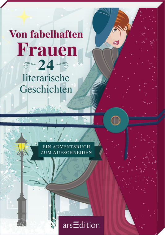 Das Buchcover „Von fabelhaften Frauen“ zeigt eine elegante Frau in einem türkisfarbenen Kleid und einem roten Hut mit blauen Akzenten, die auf einer Bank sitzt. Der Hintergrund ist in sanften Grau- und Blautönen gehalten und vermittelt eine winterliche Atmosphäre mit einem Laternenschein. Der Titel ist in großen, roten Buchstaben und goldenen Verzierungen gestaltet. Oben rechts befindet sich ein kleiner, goldener Stern. Der Text „Ein Adventsbuch zum Aufschneiden“ ist in einer...