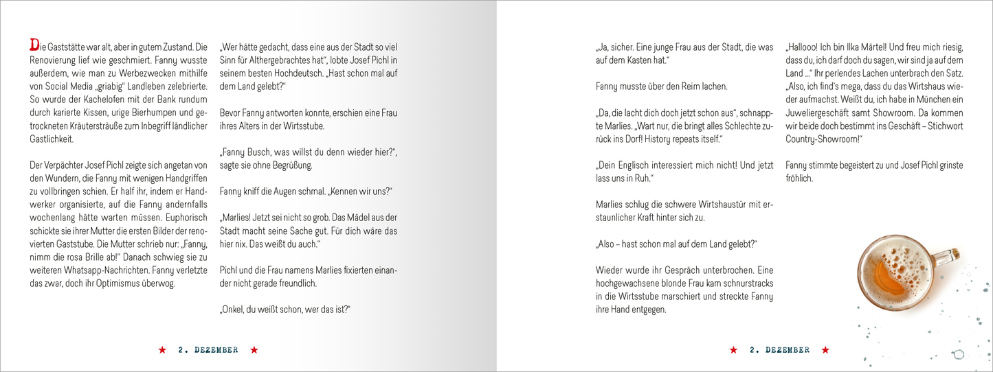 Gezeigt wird eine Innen- oder Zusatzansicht von „Raunachtmord“. Die Doppelseite präsentiert einen fließenden Text in dunkler grauer Schrift auf hellem Hintergrund. Links beginnt ein Abschnitt mit einer Erzählung und zieht den Leser in die Handlung. Rechts stößt ein dialogischer Austausch hinzu, gestaltet in etwas größerer Schrift. Rote Akzente in Form von Sternen heben wichtige Punkte hervor. Ein weiteres, zylindrisches Objekt – möglicherweise ein Glas – ergänzt das visuelle...