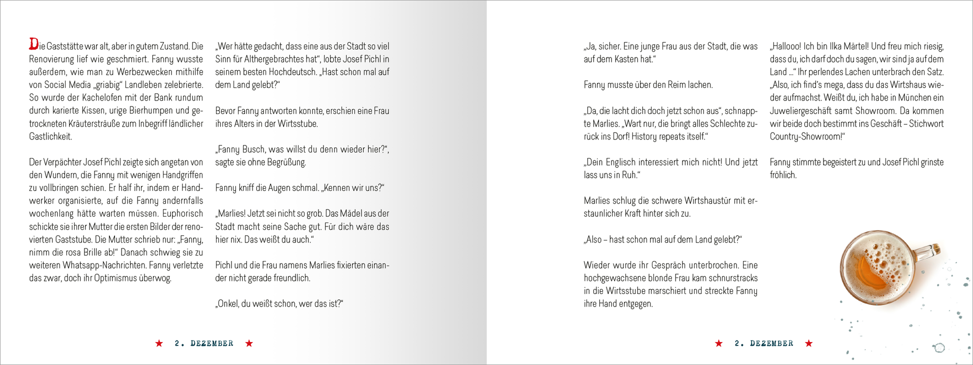Gezeigt wird eine Innen- oder Zusatzansicht von „Raunachtmord“. Die Doppelseite präsentiert einen fließenden Text in dunkler grauer Schrift auf hellem Hintergrund. Links beginnt ein Abschnitt mit einer Erzählung und zieht den Leser in die Handlung. Rechts stößt ein dialogischer Austausch hinzu, gestaltet in etwas größerer Schrift. Rote Akzente in Form von Sternen heben wichtige Punkte hervor. Ein weiteres, zylindrisches Objekt – möglicherweise ein Glas – ergänzt das visuelle...