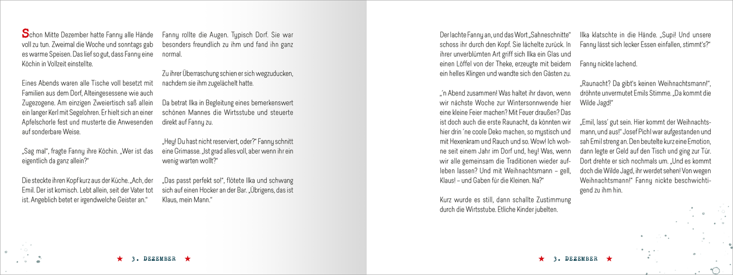 Gezeigt wird eine Innen- oder Zusatzansicht von „Raunachtmord“. Die Seiten zeigen eine helle Farbgestaltung mit viel Weißraum, kombiniert mit roten Akzenten. Die Typografie ist klar und gut lesbar, wobei die Absätze deutlich voneinander getrennt sind. Auf der linken Seite sind mehrere Zeilen Text in einer leicht verschnörkelten Schriftart, die einen erzählenden Charakter vermittelt. Auf der rechten Seite befindet sich eine fortlaufende Erzählung mit klaren, geraden Linien, die die...