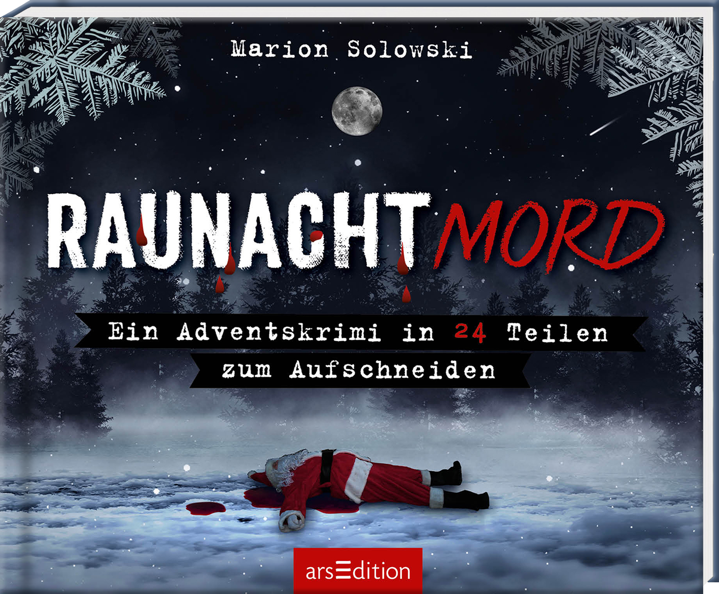 Auf dem Buchcover ist eine winterliche Szene mit schneebedeckten Tannenbäumen und einem dunklen Nachthimmel zu sehen, durchbrochen von einem großen, hellen Vollmond. Eine leblos daliegende Weihnachtsmannfigur in rot und weiß liegt auf dem Schnee, umgeben von roten Blutflecken. Der Titel „RAUNACHTMORD“ ist in kraftvollen, kontrastierenden Farben gestaltet, wobei „MORD“ auffällig rot hervorgehoben ist. Neben dem Titel steht der Untertitel „Ein Adventskrimi in 24 Teilen zum...
